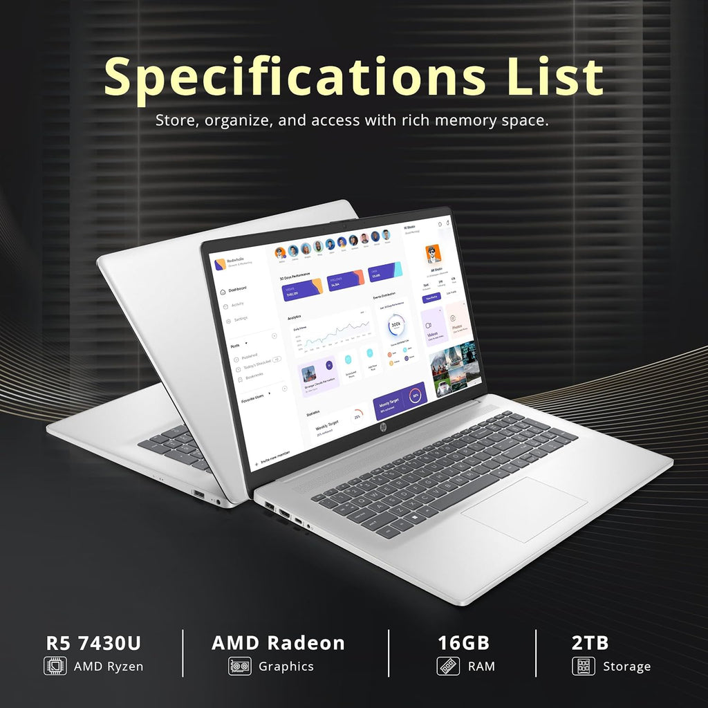 HP 17.3' HD+ Touchscreen Laptop, AMD Ryzen 5 7430U, 16GB RAM, 2TB Storage (1TB SSD+1TB Docking Station Set), AMD Radeon Graphics, Numeric Keypad, Wi-Fi 6, HD Webcam, Win 11, Silver