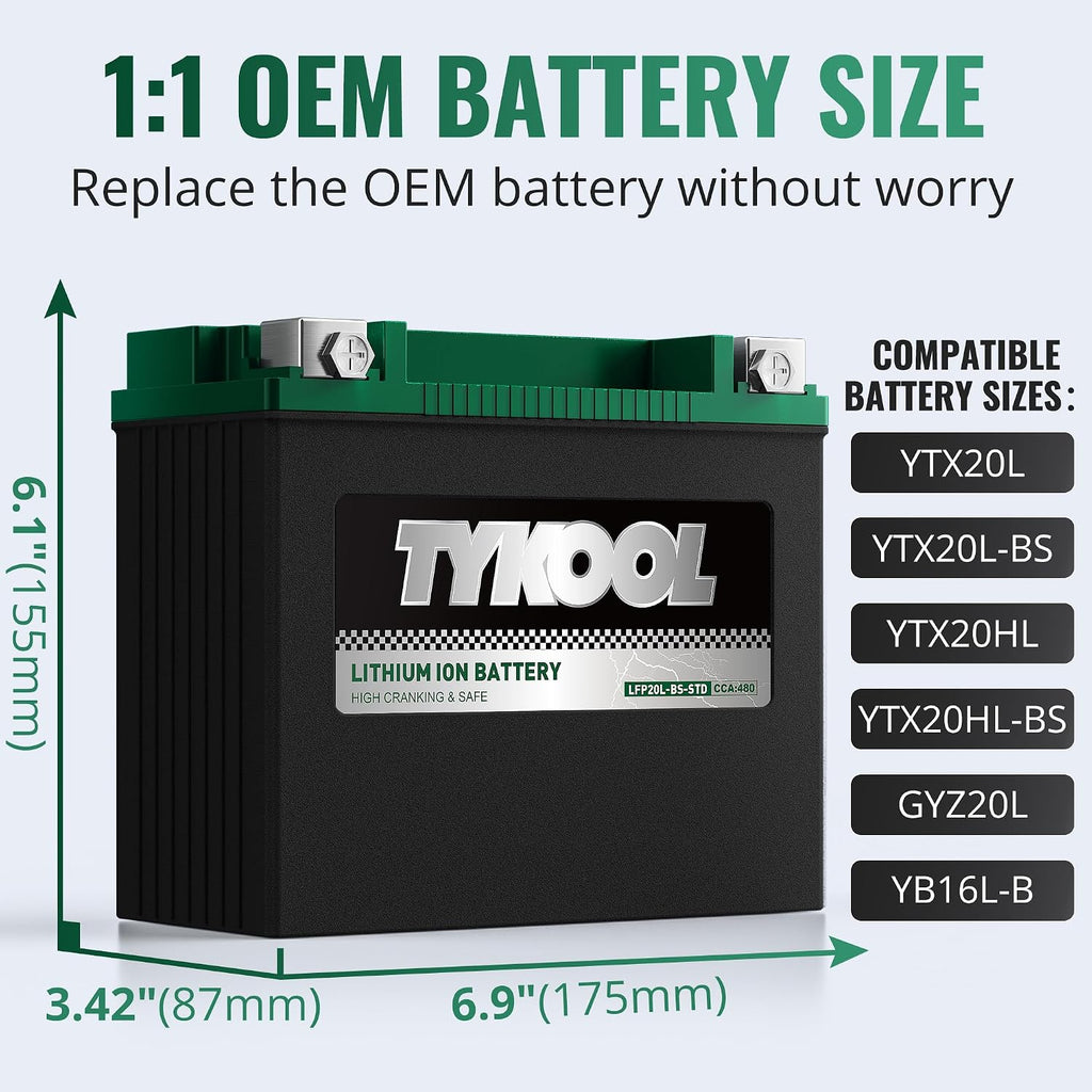 TYKOOL LFP20L-BS-STD Lithium Battery, Replaces YTX20L-BS 65989-97C, 480CCA 8Ah Fits for Motorcycle ATV UTV PWC, Compatible with Harley Davidson Softail Fat Boy V-Rod Heritage Classic, Digital Readout