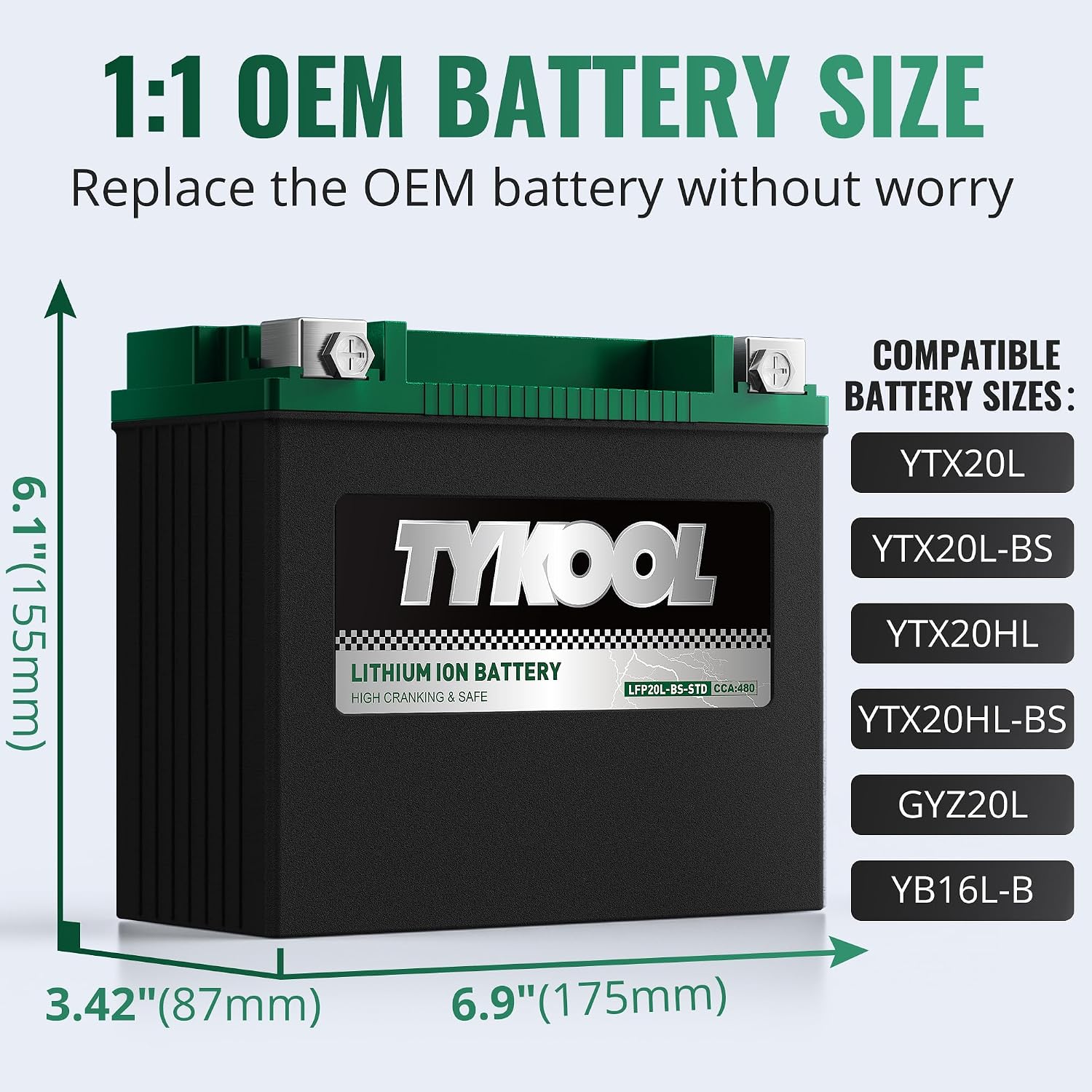 TYKOOL LFP20L-BS-STD Lithium Battery, Replaces YTX20L-BS 65989-97C, 480CCA 8Ah Fits for Motorcycle ATV UTV PWC, Compatible with Harley Davidson Softail Fat Boy V-Rod Heritage Classic, Digital Readout