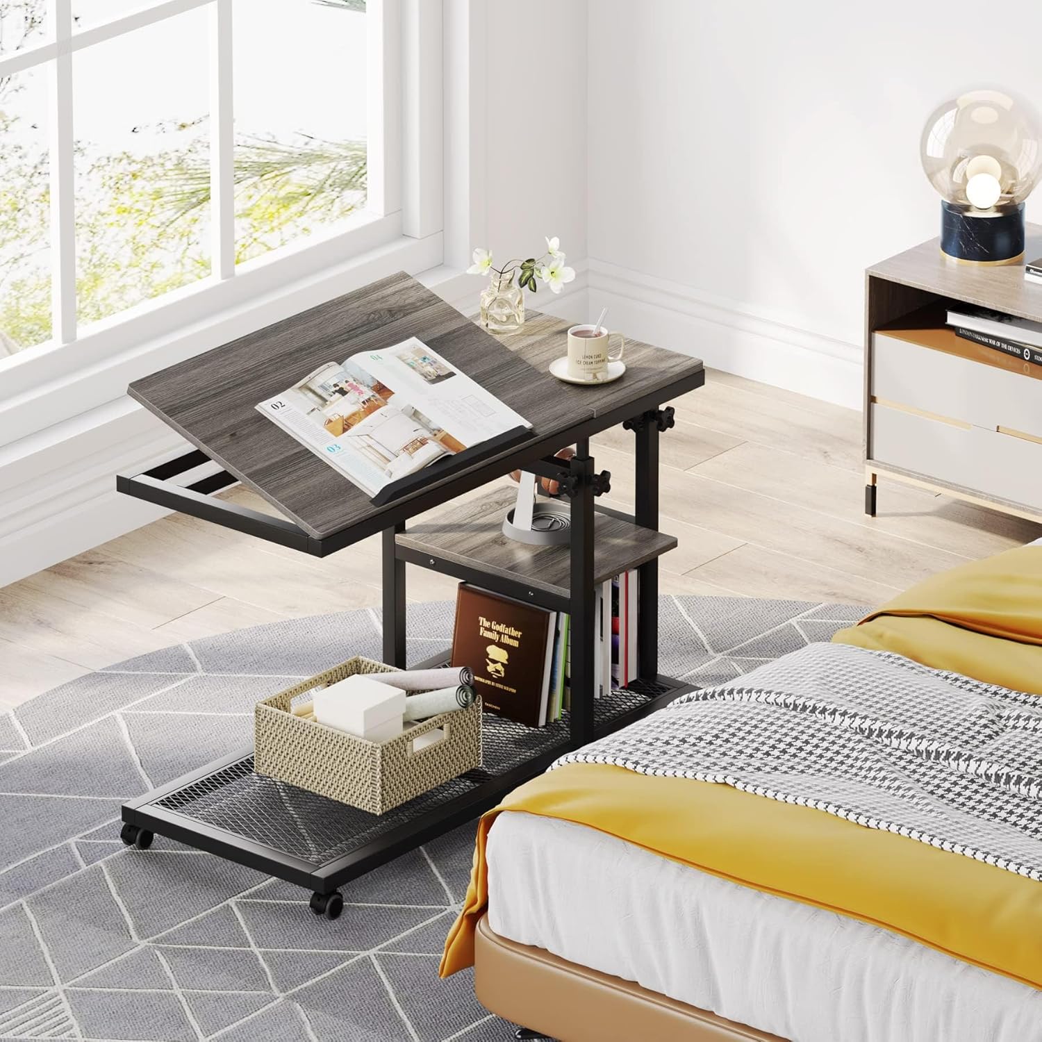 Tribesigns Height Adjustable C Table with Wheels, Mobile Couch Snack Side Table with Tiltable Drawing Board, Sofa Bedside Laptop Stand C Shaped TV Tray with Storage Shelves (Grey)