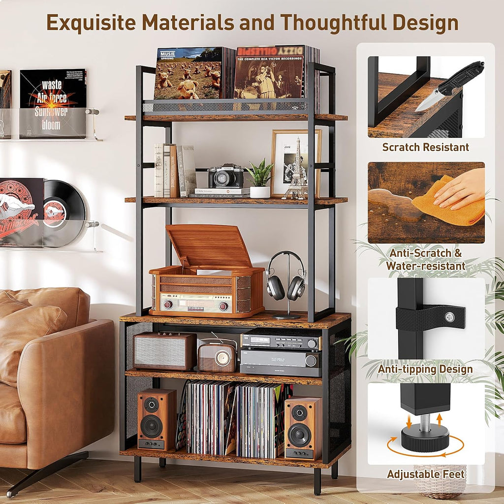 ikkle Record Player Stand with Vinyl Storage Shelf, 5-Tier Large Record Player Table with Storage Rack, Turntable Stand Vinyl Record Cabinet Organizer for Living Room Bedroom, Holds Up 400+ Albums