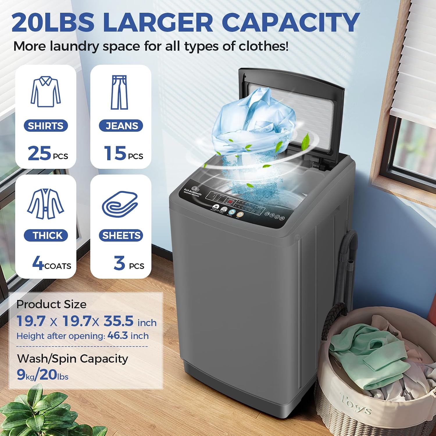 Nictemaw Portable Washing Machine, 20Lbs Capacity Portable Washer Machine, 2.8Cu.ft Washer and Dryer Combo with 10 Programs 8 Water Levels Compact Laundry Machine for Apartments-Slow-Close Glass Cover