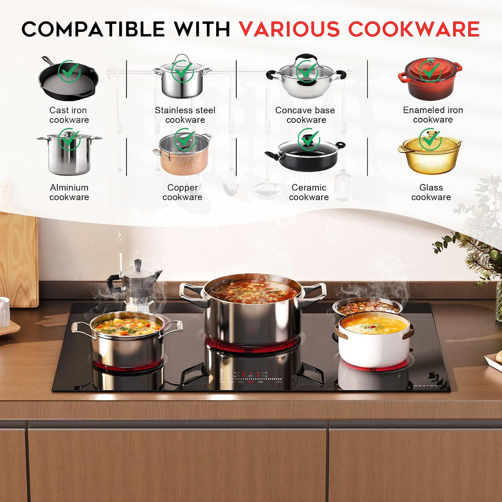 Noxton Electric Cooktop 30 Inch Electric Stove 5 Burners, Built-in Ceramic Cooktop, 9 Heating Level, Pause, Timer, Child Safety Lock, Triple Ring, 220V Hardwire