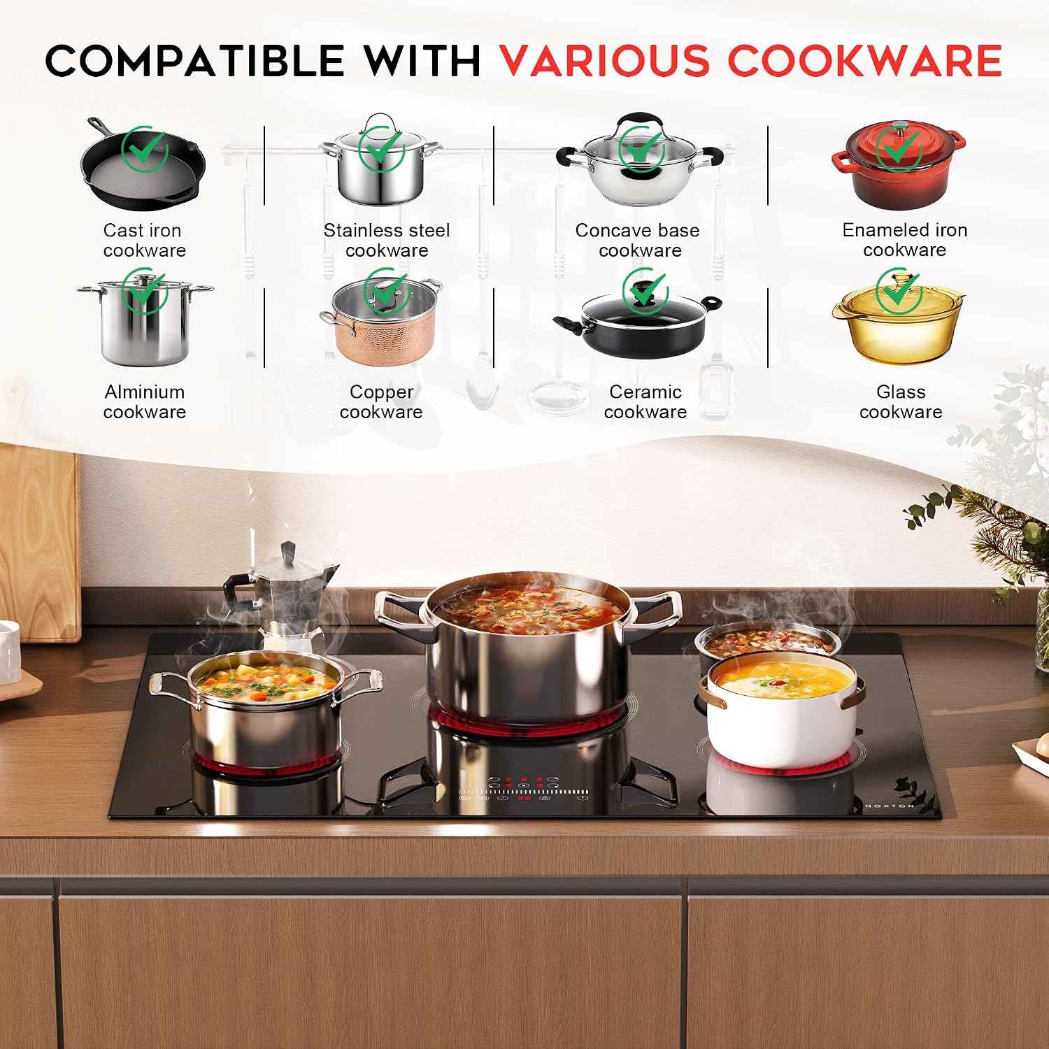 Noxton Electric Cooktop 30 Inch Electric Stove 5 Burners, Built-in Ceramic Cooktop, 9 Heating Level, Pause, Timer, Child Safety Lock, Triple Ring, 220V Hardwire