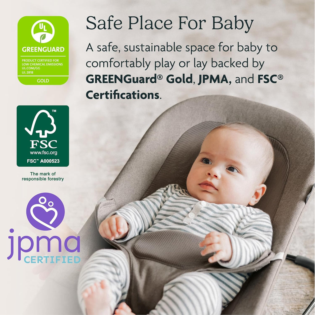 UPPAbaby Mira Bouncer/Portable 2-in-1 Bouncer + Seat Grows With Your Baby/GREENGuard® Gold, JPMA + FSC® certified/Cozy Seat Liner + Storage Bag Included/Charlie (Sand Mélange/Black Chrome/Walnut Wood)