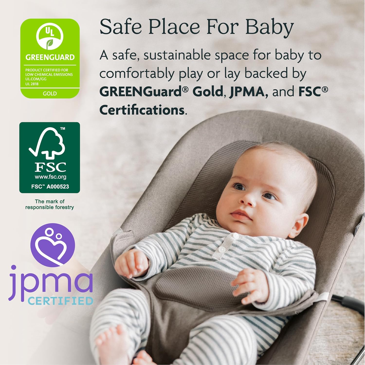 UPPAbaby Mira Bouncer/Portable 2-in-1 Bouncer + Seat Grows With Your Baby/GREENGuard® Gold, JPMA + FSC® certified/Cozy Seat Liner + Storage Bag Included/Charlie (Sand Mélange/Black Chrome/Walnut Wood)
