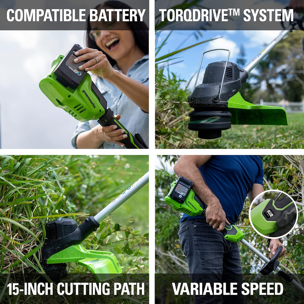 Greenworks 48V (24V x 2) 15' String Trimmer, (2) 2Ah Batteries and 4A Dual Port Charger Included