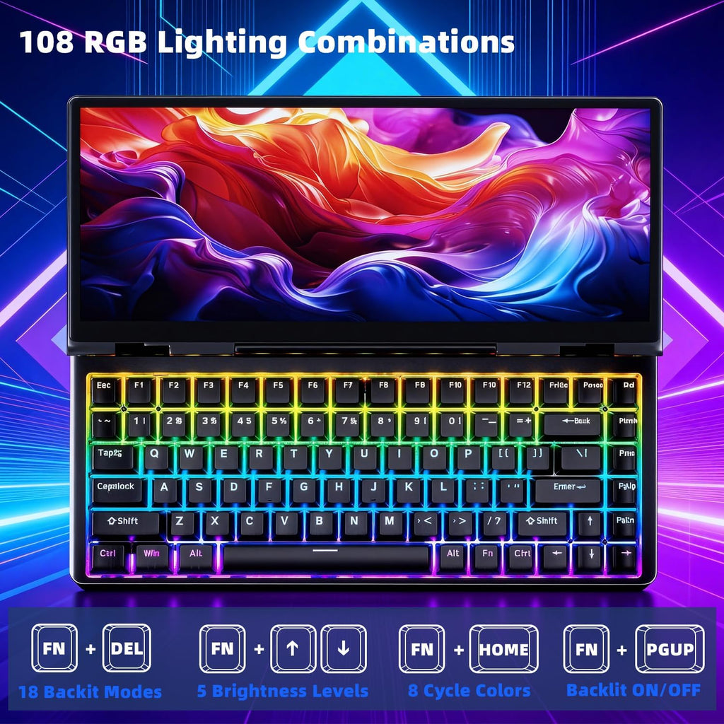 12.8' Portable Monitor Touchscreen with Mechanical Keyboard Stretched Bar Screen Extender RGB Backlit Hot-Swap USB-A Type-C Monitor for Laptop Desktop Mini PC MacBook (Driver Need)