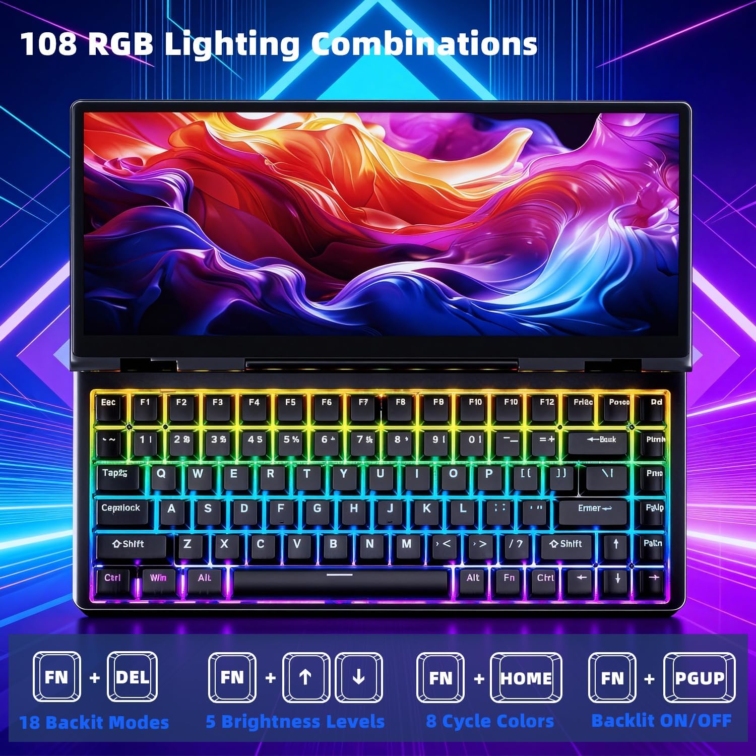 12.8' Portable Monitor Touchscreen with Mechanical Keyboard Stretched Bar Screen Extender RGB Backlit Hot-Swap USB-A Type-C Monitor for Laptop Desktop Mini PC MacBook (Driver Need)