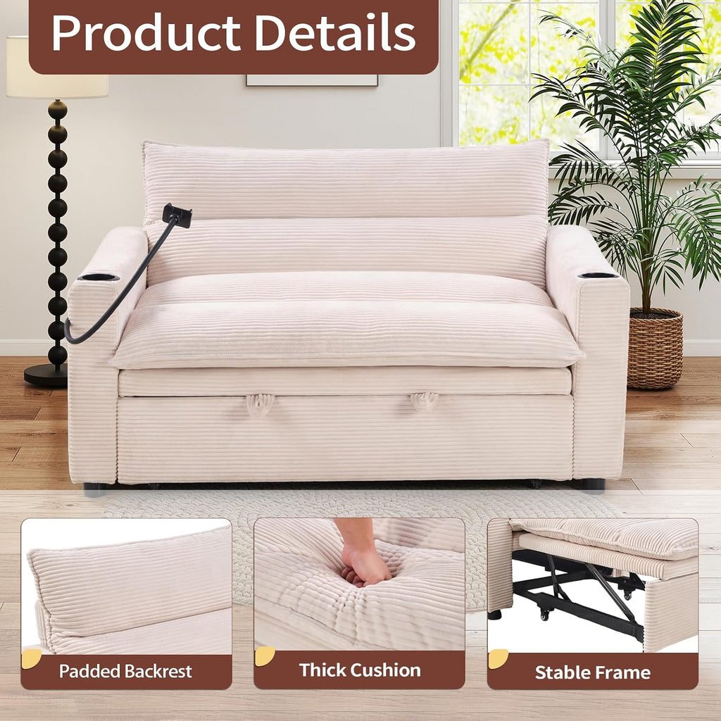 HAOMARKETS 3-in-1 Convertible Loveseat Sleeper Sofa Bed, 2-Seat Pull Out Couch with Cup Holders, Phone Holder and USB Ports, Corduroy 3-Level Adjustable Backrest Couches for Living Room, Beige