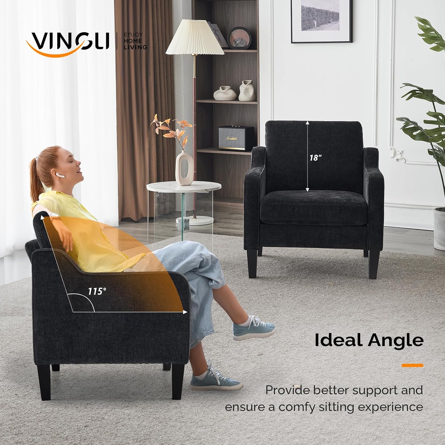VINGLI Mid-Century Modern Accent Chair, Black Chenille, 30' (W) x 30.7' (D) x 33' (H), 1 Seat, 380 lbs Weight Capacity