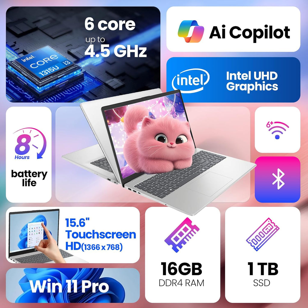 HP 2025 15.6' Touchscreen Laptop, 16GB RAM 1TB SSD Windows 11 Pro, 13th Gen Intel Core i3-1315U (Up to 4.5GHz), Wi-Fi 6, 15.6' LED, AI Copilot, Type-c with Patented KB Kit