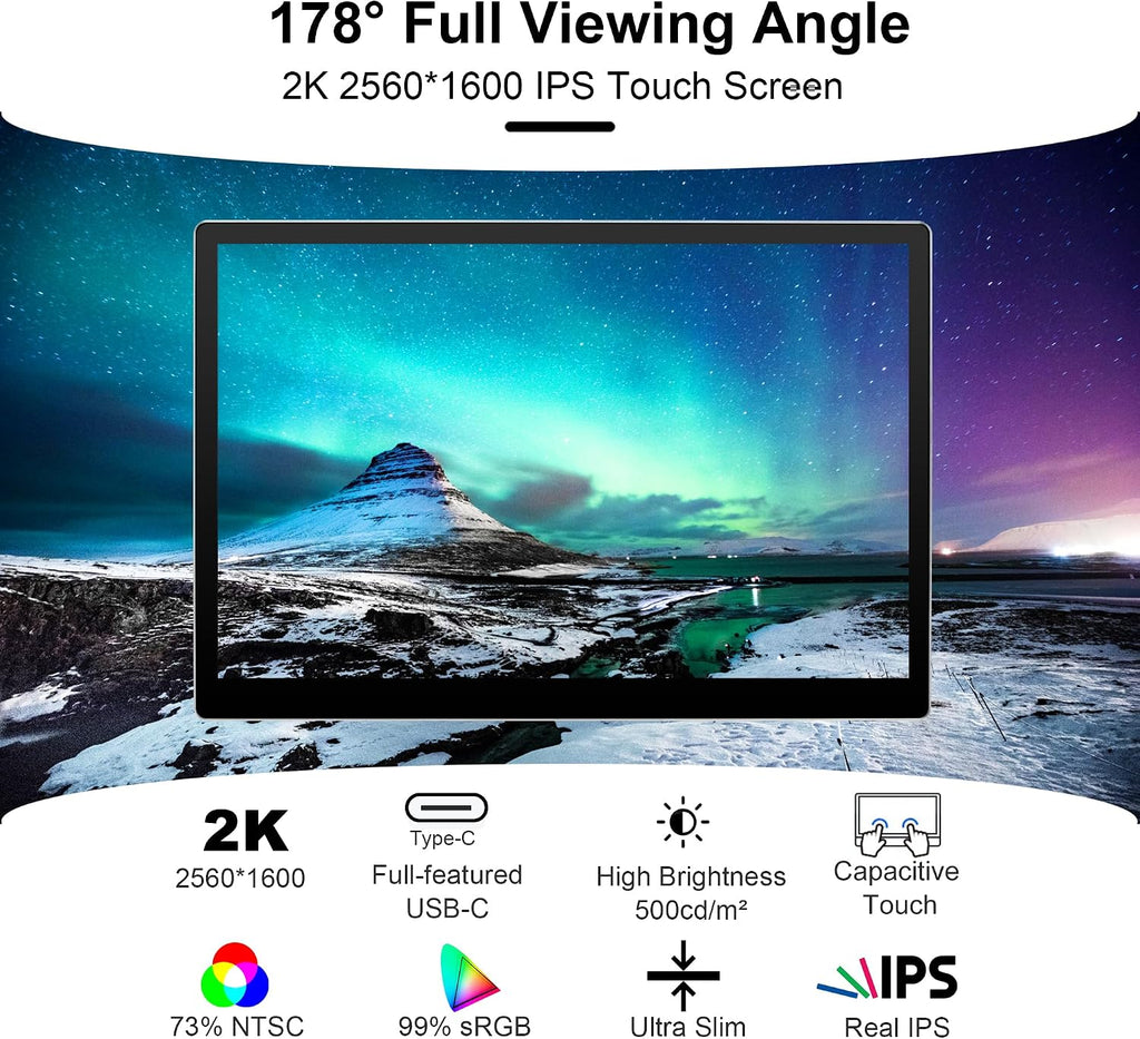 wisecoco Portable Monitor 9 inch 2K 2560 * 1600 IPS Touch Screen 73% NTSC USB C HDMI Secondary External Computer Laptop LCD Monitor for MacBook Pro Air PC Laptop Phone Xbox PS5