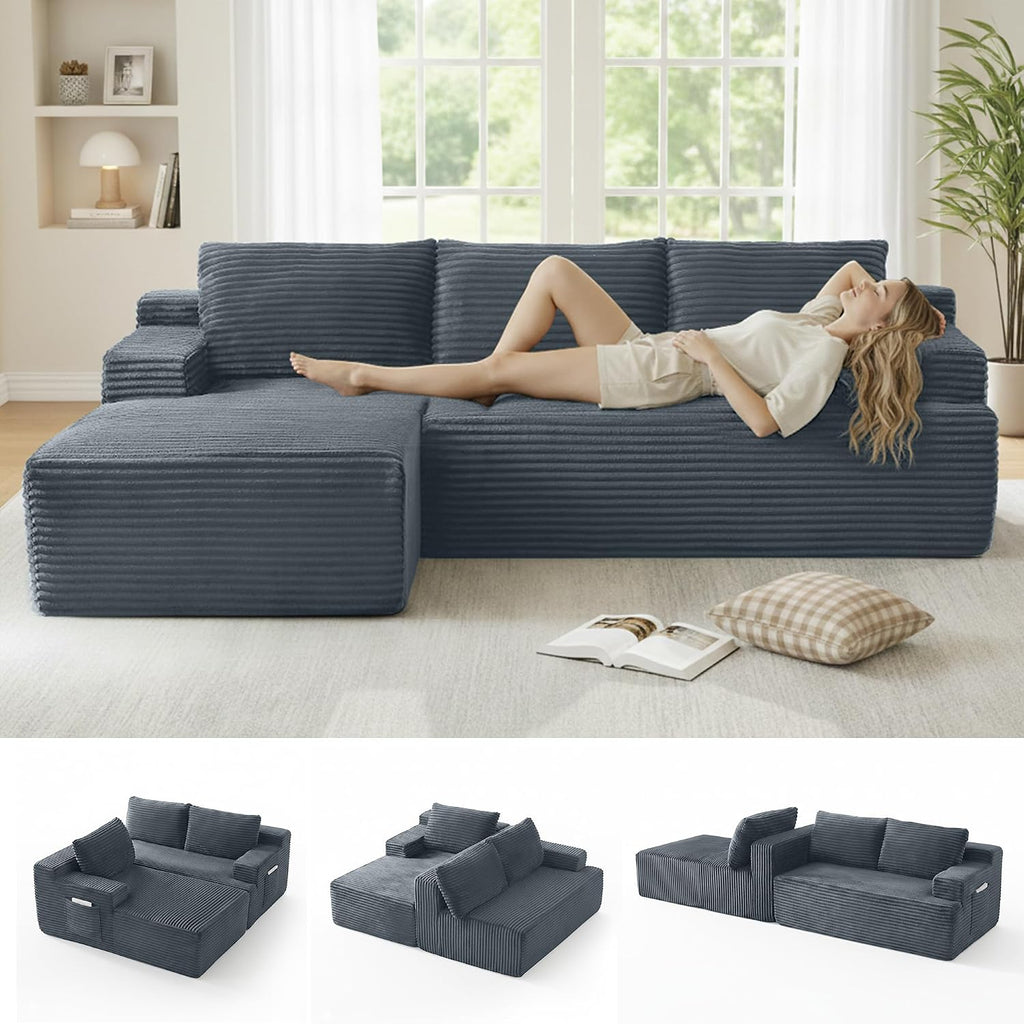 Modular Sectional Sofa Couches, 96' L-Shaped Cloud Boneless Couch with Left Chaise Lounge & Side Pockets for Living Room | No Assembly Required | Corduroy Fabric, Dark Gray