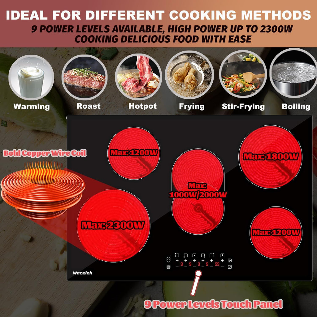 Electric Cooktop 30 Inch 5 Burners, Electric Stove Top 30 Inch, Glass Flat Top Ceramic Cooktop Stove, Built-In, Timer, Child Lock, 9 Power Levels, Black, 220-240V(No Plug), 8500W
