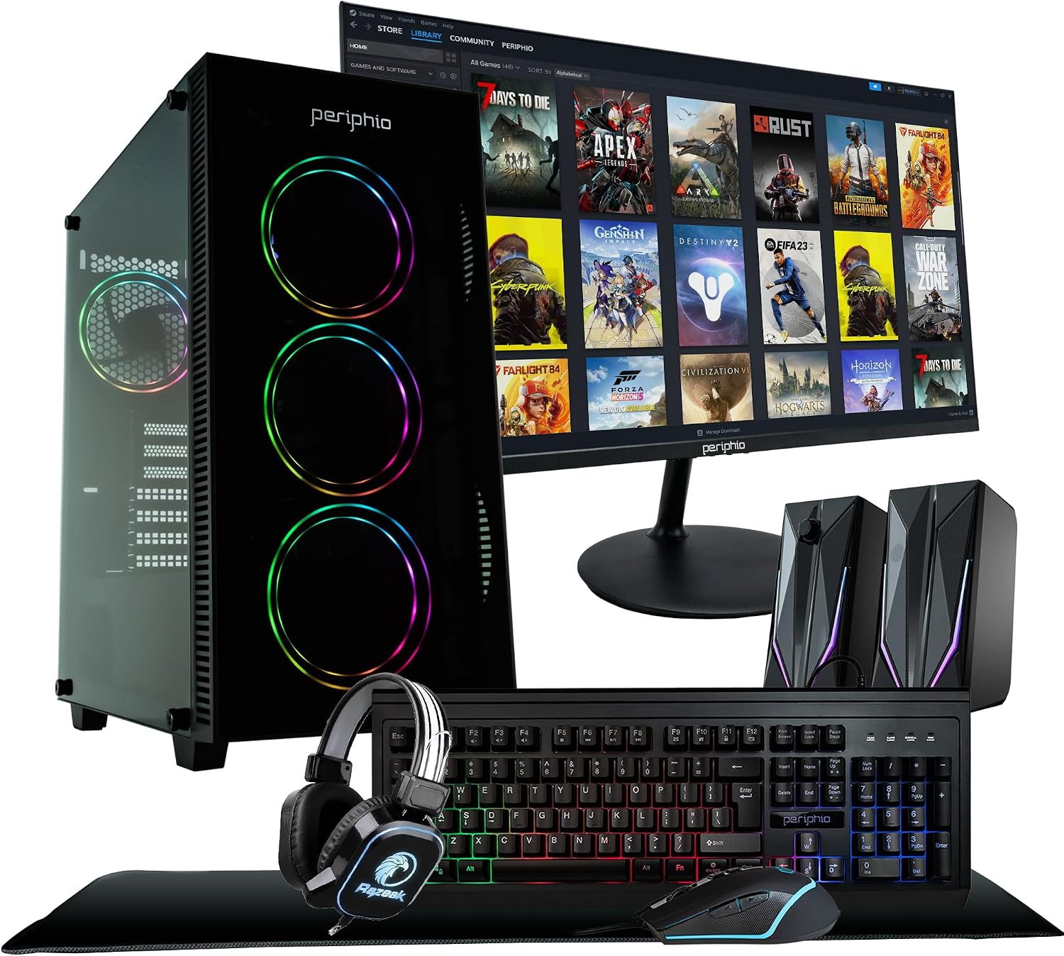 Periphio Terra Gaming PC Computer, AMD Ryzen 5 5600GT up to 4.6GHz with Radeon Vega 7 Graphics, 16GB RAM, 1TB NVMe SSD, WiFi, Windows 11, Black Desktop with RGB Gaming Bundle, 24' Monitor