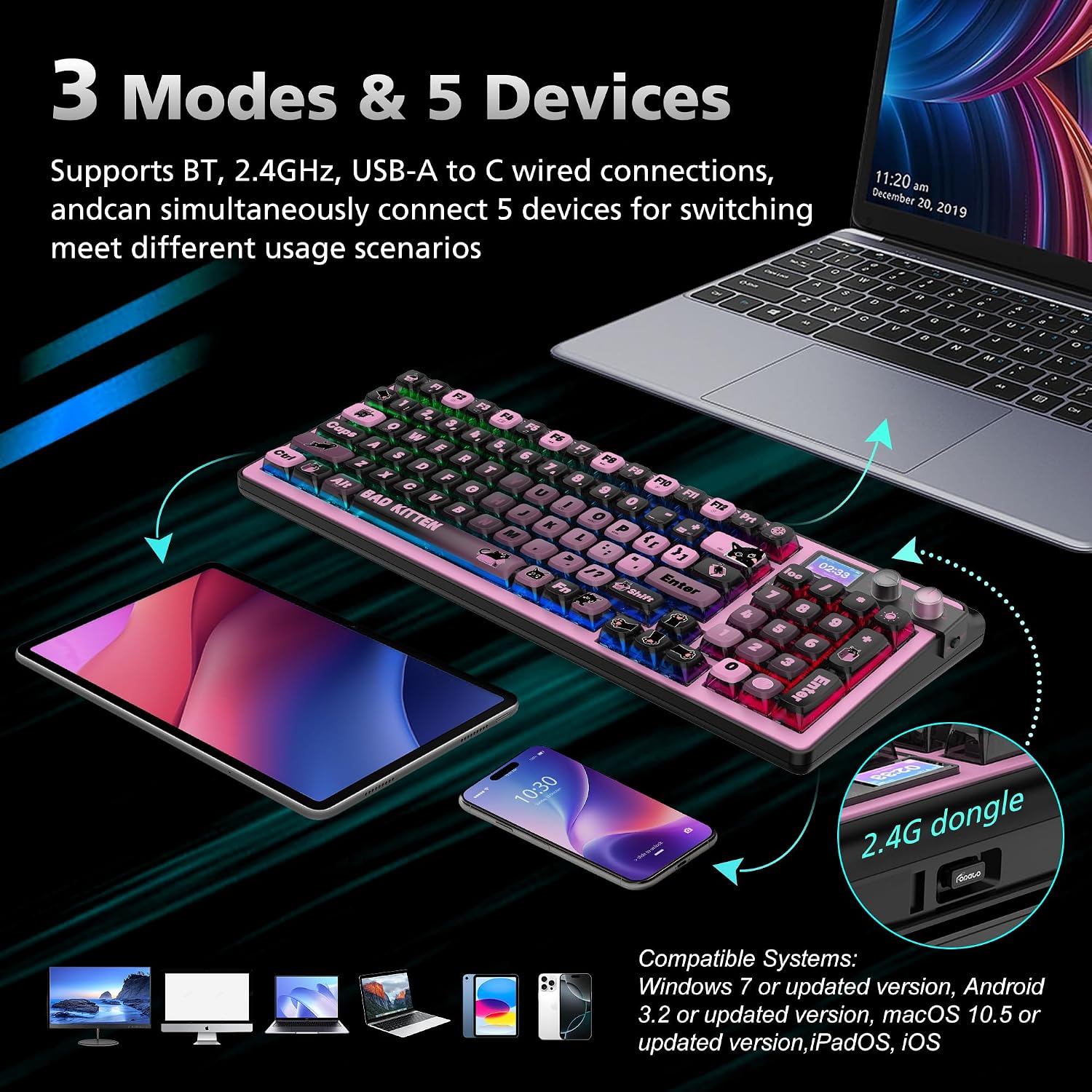 H98 Wireless Mechanical Keyboard,96-Key Hot-Swappable Wired Gaming Keyboard,Tri-Mode Bluetooth 5.0 2.4G USB-C,1.14' Color Screen,Double Knob,6000mAh,RGB,PBT Keycaps for PC Mac iPad-Black