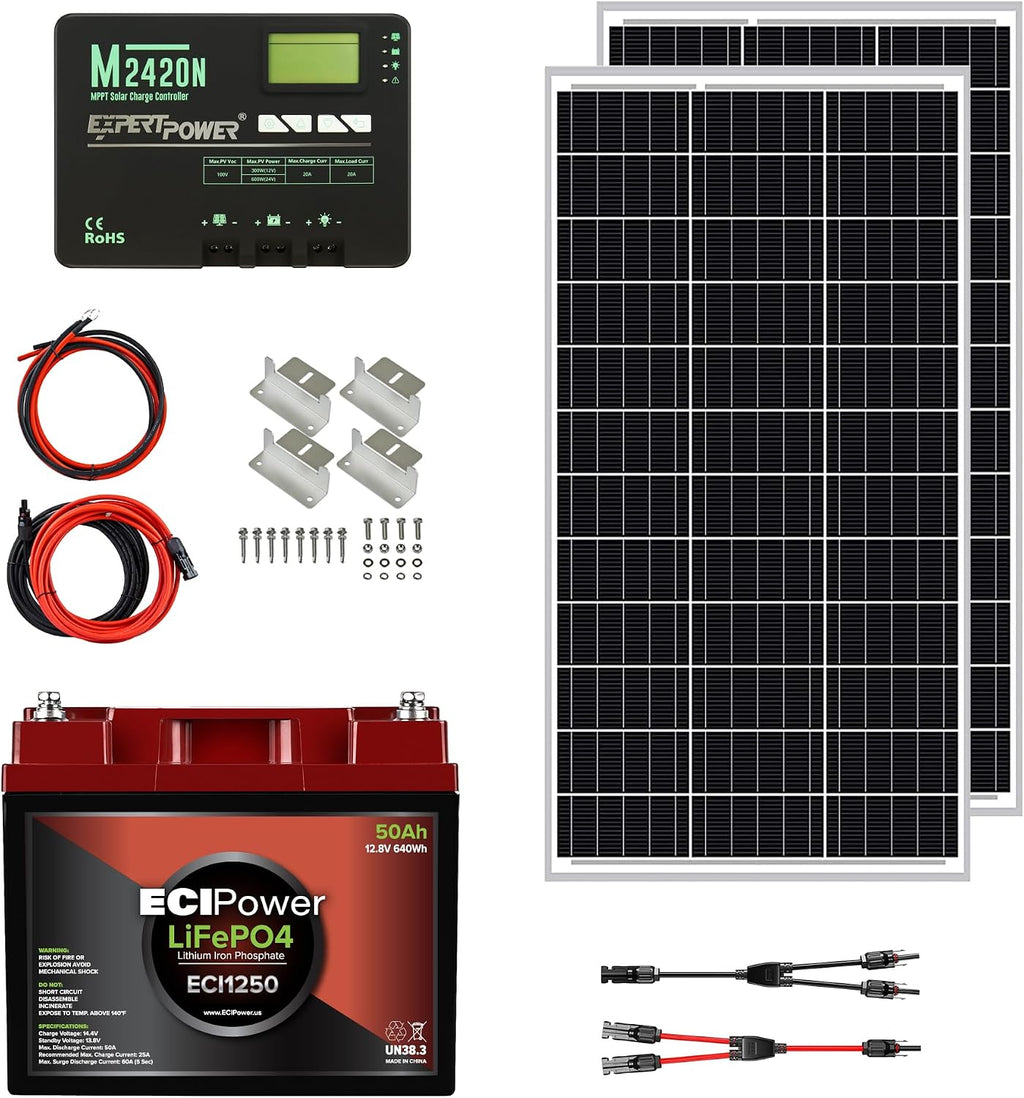 200W 12V Solar Power Kit | 12V 50Ah LiFePO4 Lithium Batteries | 200W Mono Rigid Solar Panels, 20A MPPT Solar Charge Controller | RV, Trailer, Camper, Marine, Off Grid, Solar Projects