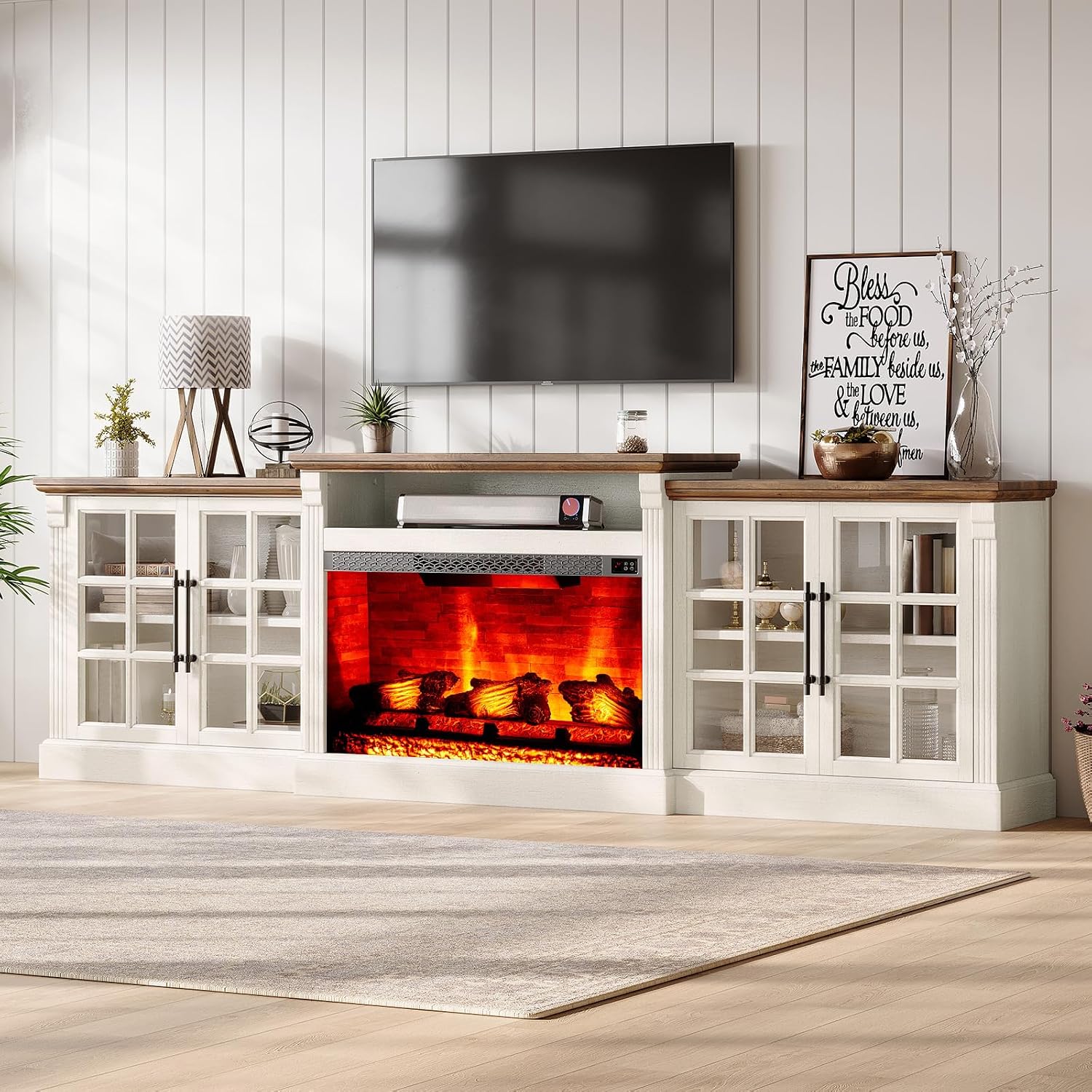 LUXOAK 97' Farmhouse TV Stand with 33' Fireplace for TVs up to 100', Media Entertainment Center with Large Storage Cabinet Adjustable Shelves for Living Room, White/Barnwood