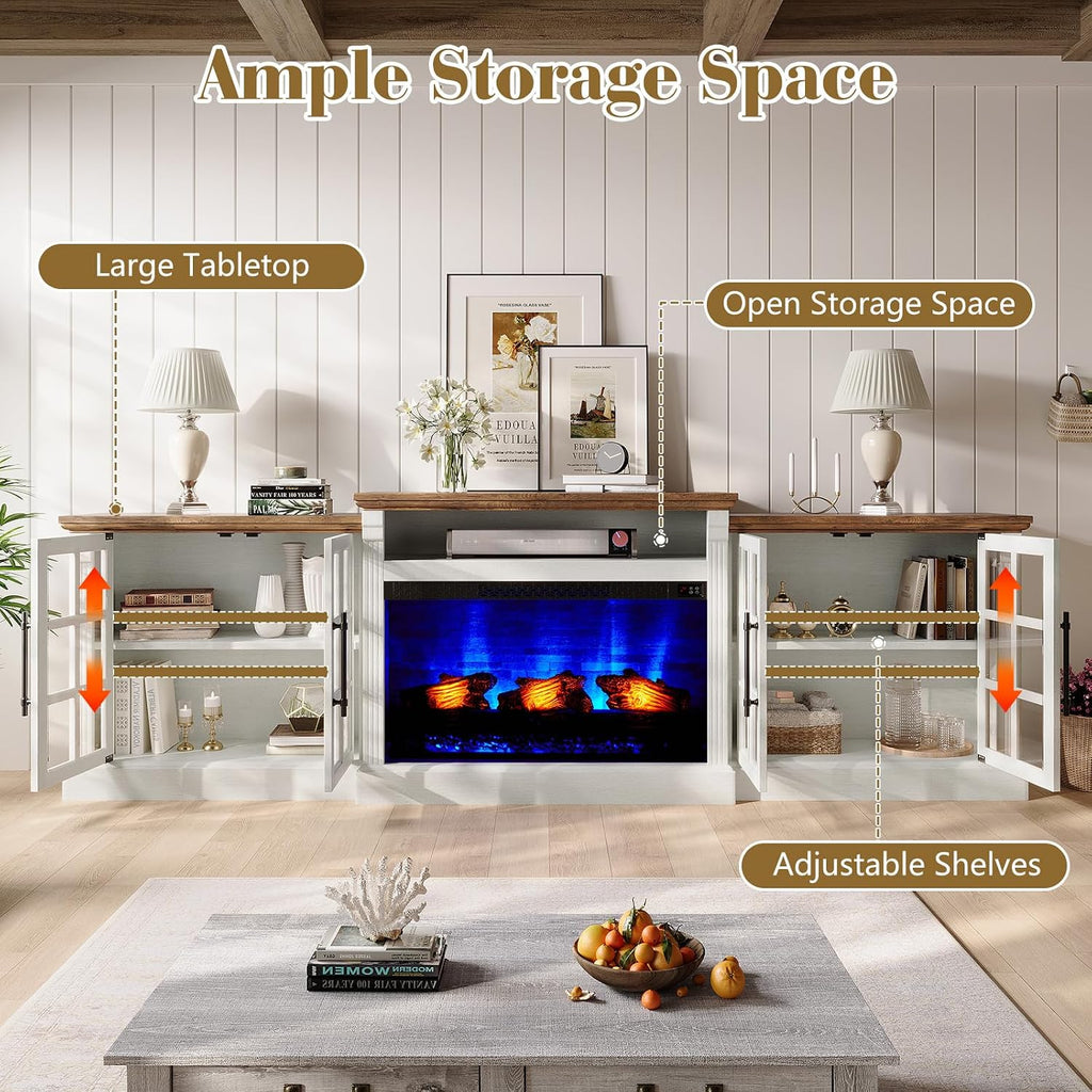 LUXOAK 97' Farmhouse TV Stand with 33' Fireplace for TVs up to 100', Media Entertainment Center with Large Storage Cabinet Adjustable Shelves for Living Room, White/Barnwood