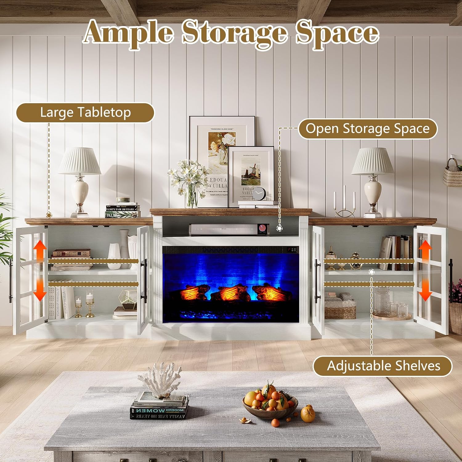 LUXOAK 97' Farmhouse TV Stand with 33' Fireplace for TVs up to 100', Media Entertainment Center with Large Storage Cabinet Adjustable Shelves for Living Room, White/Barnwood