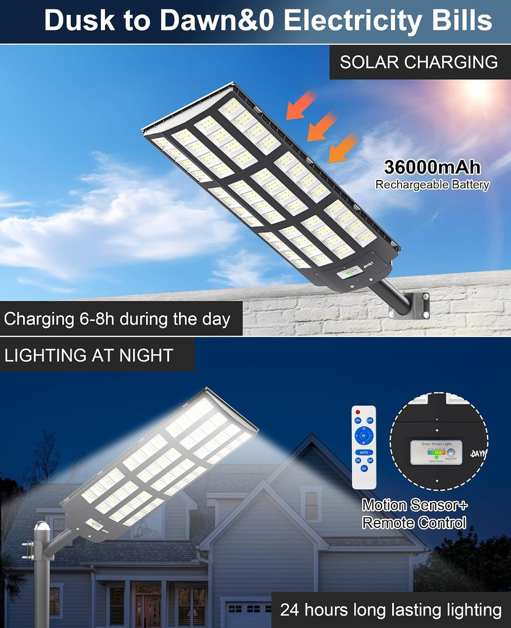 JAYNLT Y-12000W Solar Street Lights Outdoor,3000K/4000K/6500K Commercial Parking Lot Lights Dusk to Dawn,Solar Flood Lights Outdoor for Basketball Court, Yards, Driveways, Farms