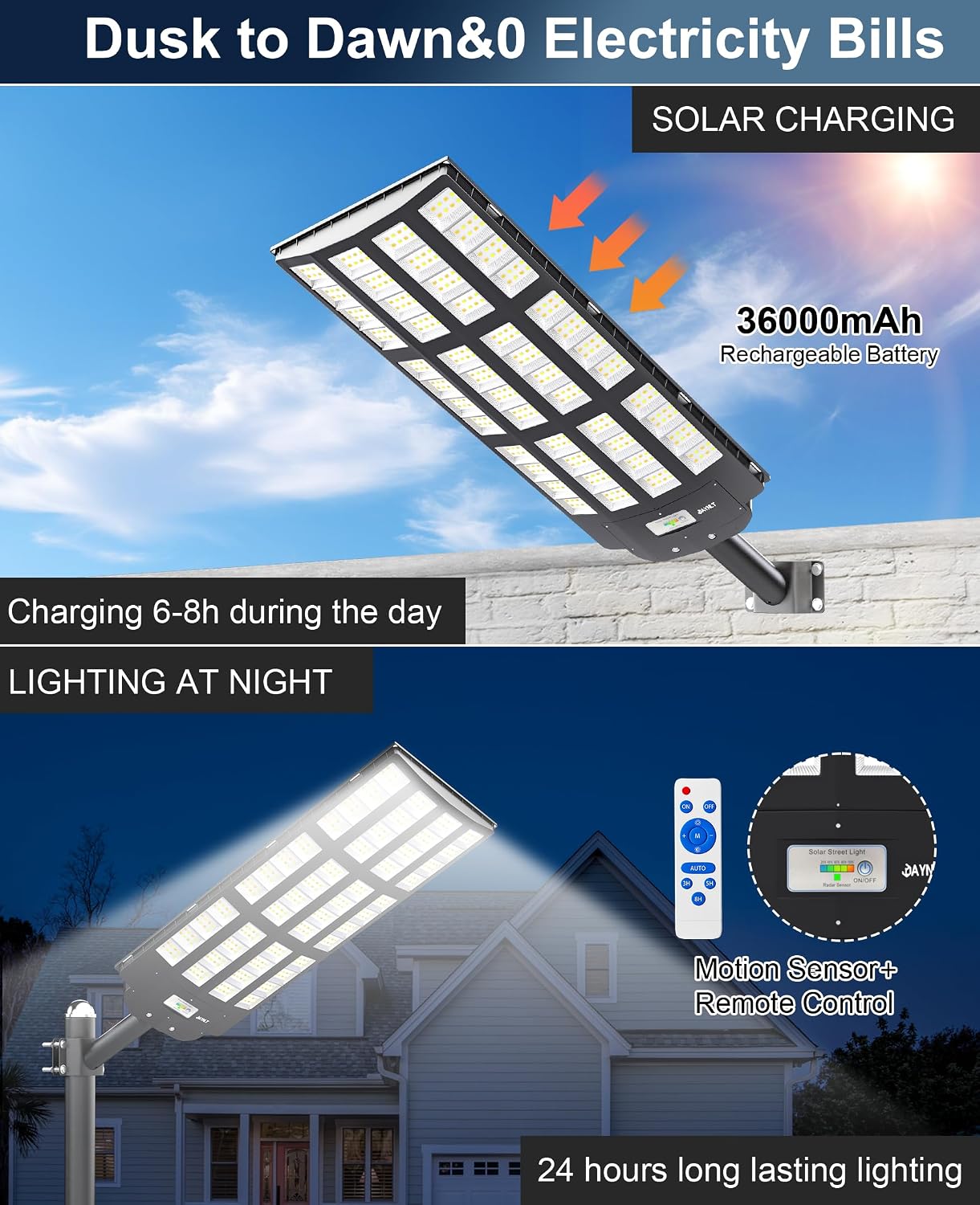 JAYNLT Y-12000W Solar Street Lights Outdoor,3000K/4000K/6500K Commercial Parking Lot Lights Dusk to Dawn,Solar Flood Lights Outdoor for Basketball Court, Yards, Driveways, Farms