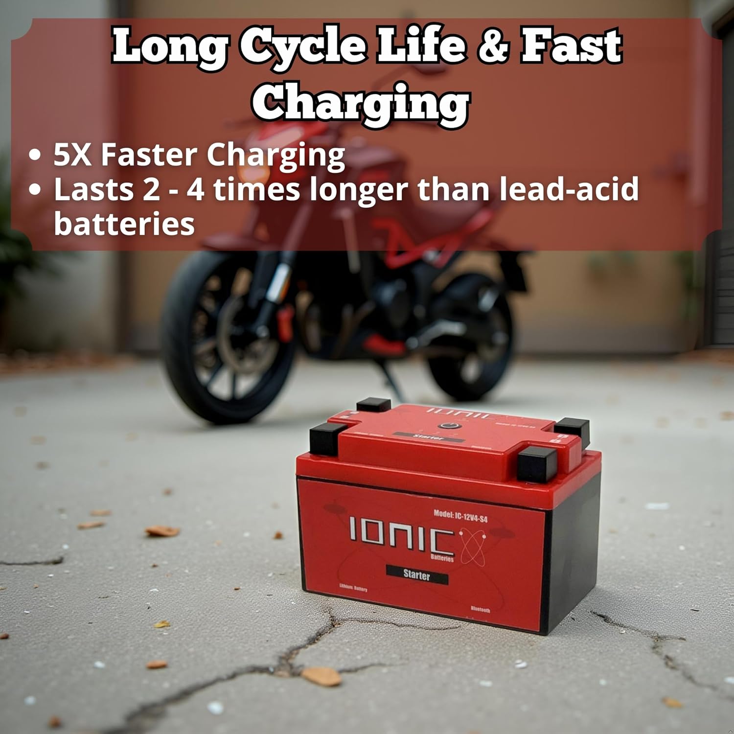 Ionic Lithium 12V Starter Battery for Motorcycles, UTVs, and ATVs - 12V Battery with 500CA - Bluetooth Capability - 3.3lbs - IC-12V4-S4-P