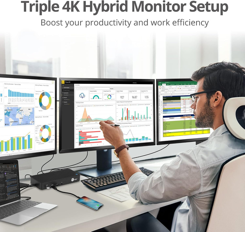 SIIG USB-C Triple 4K 60Hz Docking Station with 100W PD - Triple 4K@60Hz or Single 5K@60Hz Monitor Laptop Dock - DisplayLink - 3X HDMI, 2X DisplayPort, 3X USB-A, 2X USB-C, Gigabit Ethernet