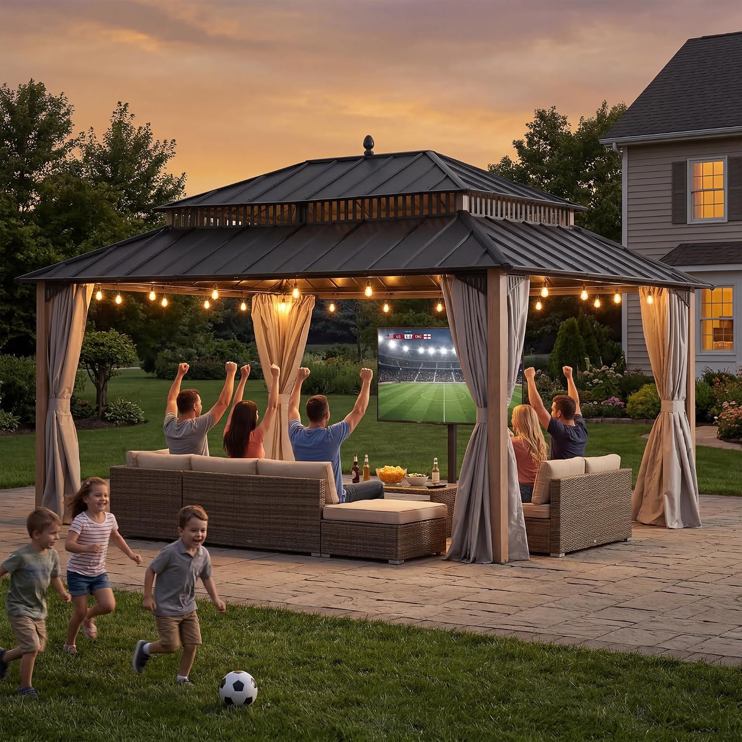 SUNJOY Kingston 16' x 12' Hardtop Gazebo with Galvanized Steel Double Roof, Curtain and Netting, Woodgrain Finish Aluminum Posts Permanent Pavilion Gazebo for Garden, Patio, Deck, Lawn