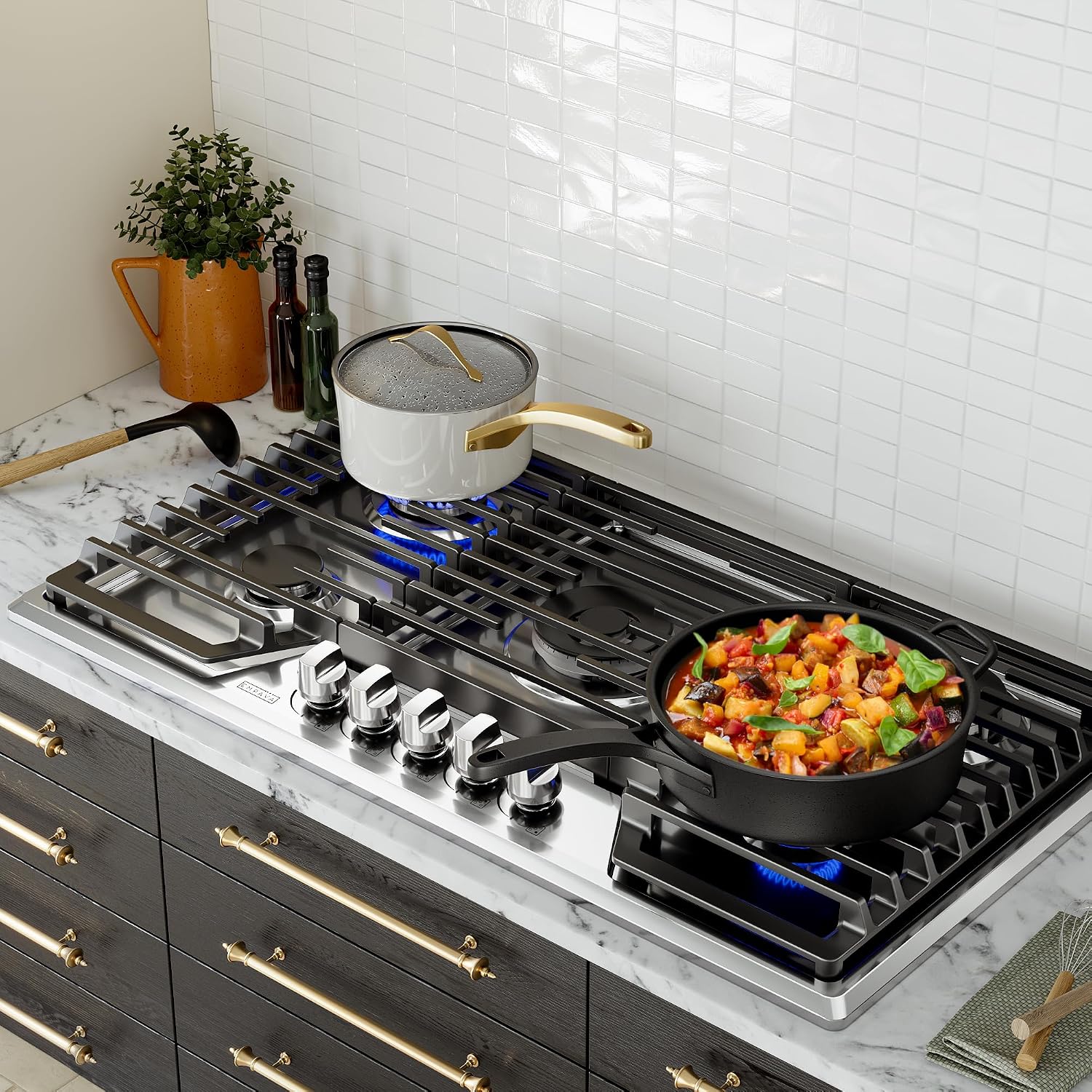 Empava 36 Inch Built-in Gas Cooktop with 5 Sealed SABAF Burners, Stainless Steel Surface, Ion Ignition, LPG/NG Convertible, Flame Failure Protection, Dishwasher Safe Grates