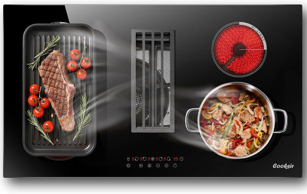 36 Inch Electric Cooktop with Downdraft - 4 Burner Built-in Electric Stove 7400W, 36 Inches Ductless Recirculating Downdraft, Timer, Safety Lock, BBQ Bridge Burner, Recirculating Air Vent
