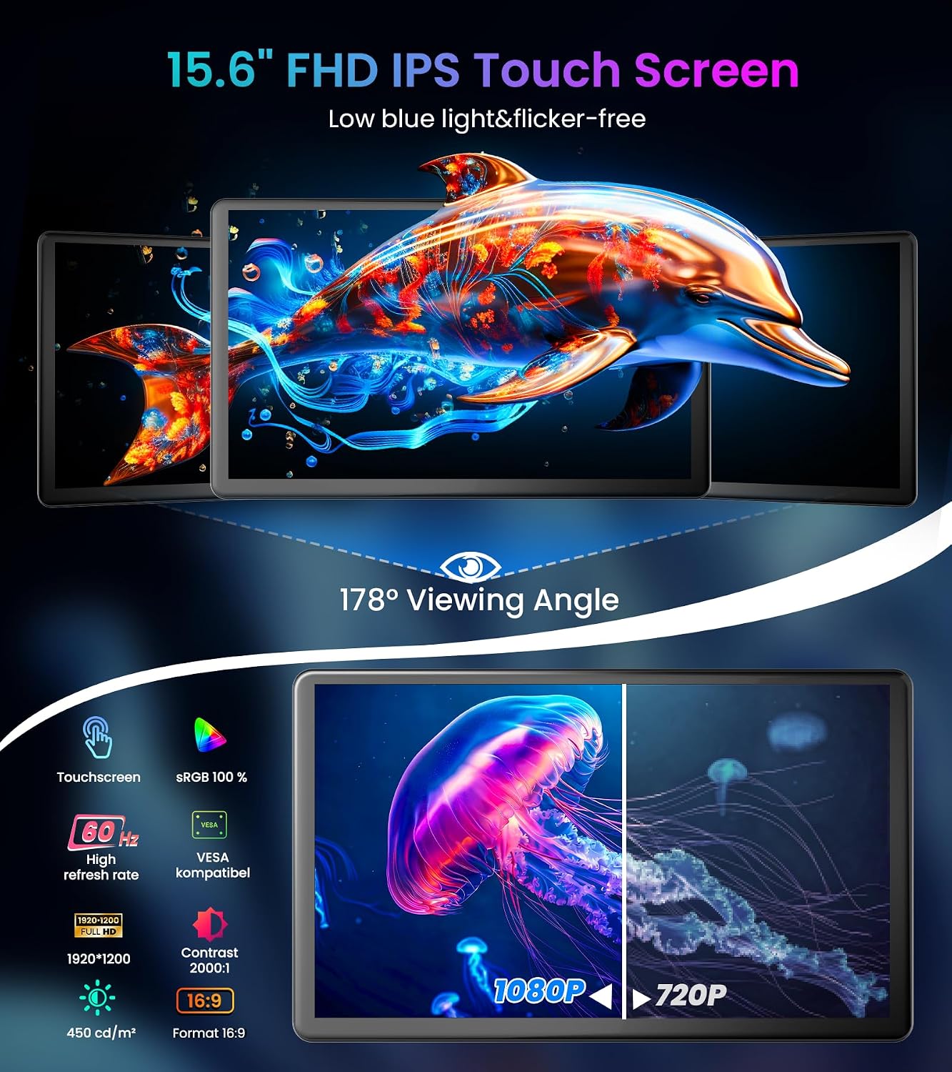 15.6' Touchscreen Monitor - HDR 1080P IPS with VGA DVI HDMI VESA Dual-Speaker,10-Point Industrial Touch screen Monitor with Remote Control for PC,Laptop,RPi,POS,Kiosk,Home,Industrial(Matte Black)
