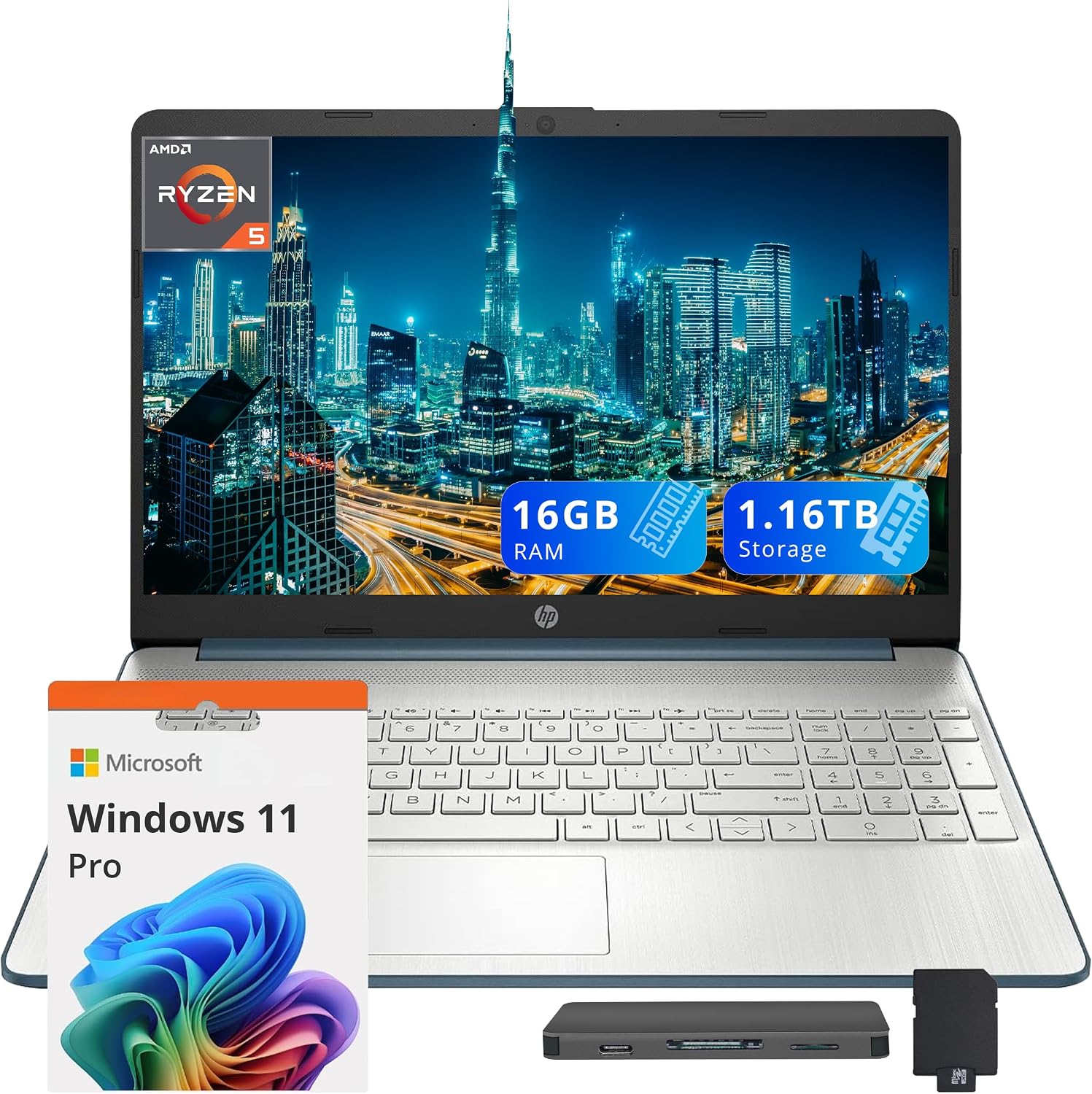 HP 15.6' FHD Laptop, AMD Ryzen 5-5500U, 16GB RAM, 1.16TB Storage (1TB SSD + 160GB Docking Station Set), AMD Radeon Graphics, Num Pad, Webcam, Bluetooth, Wi-Fi 5, Win 11 Pro, Blue