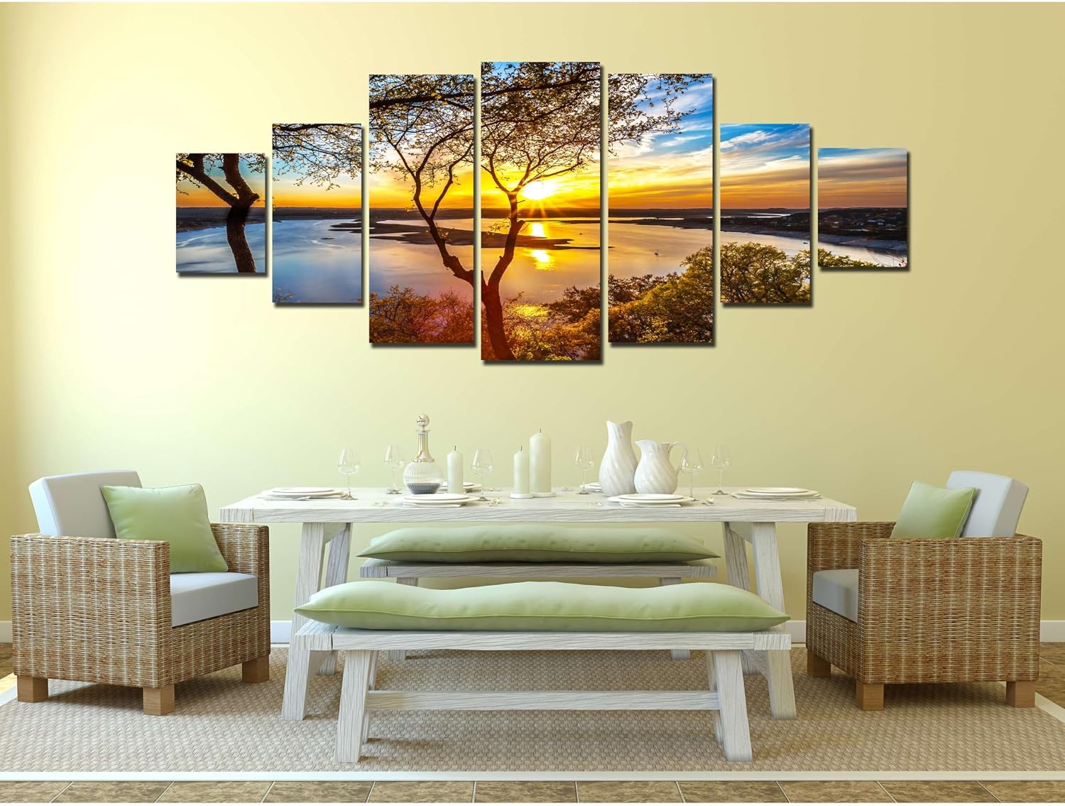 Startonight Huge Canvas Wall Art - Sunrise On The Lake Large Framed Set of 7 40' x 95'