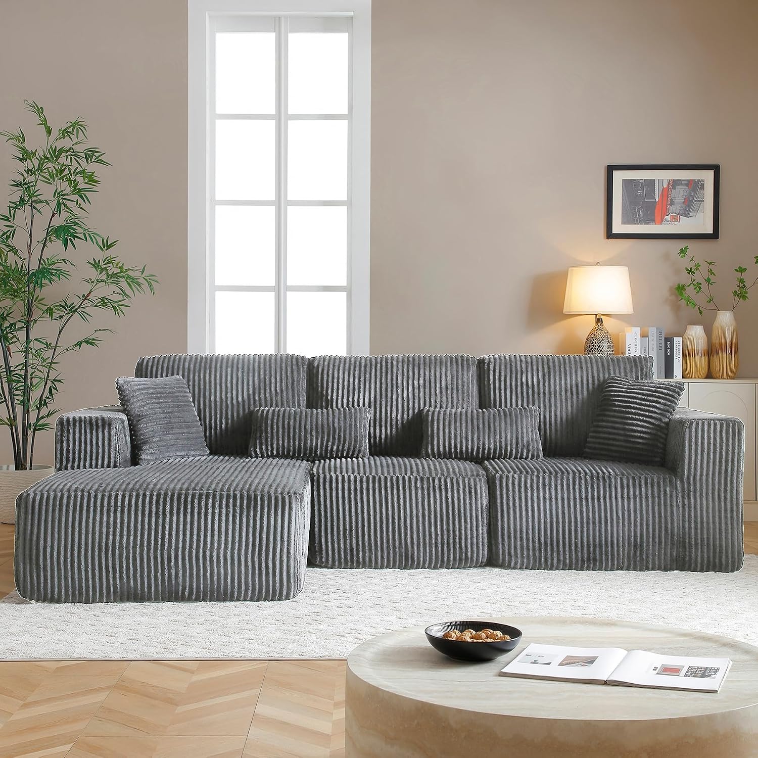 108' Boneless Couches for Living Room, L Shaped Comfy Cloud Modular Sectional Memory Foam Deep Seat Boneless Couch, No Assembly Required Sofa for Living Room with Left Facing Chaise, Dark Grey
