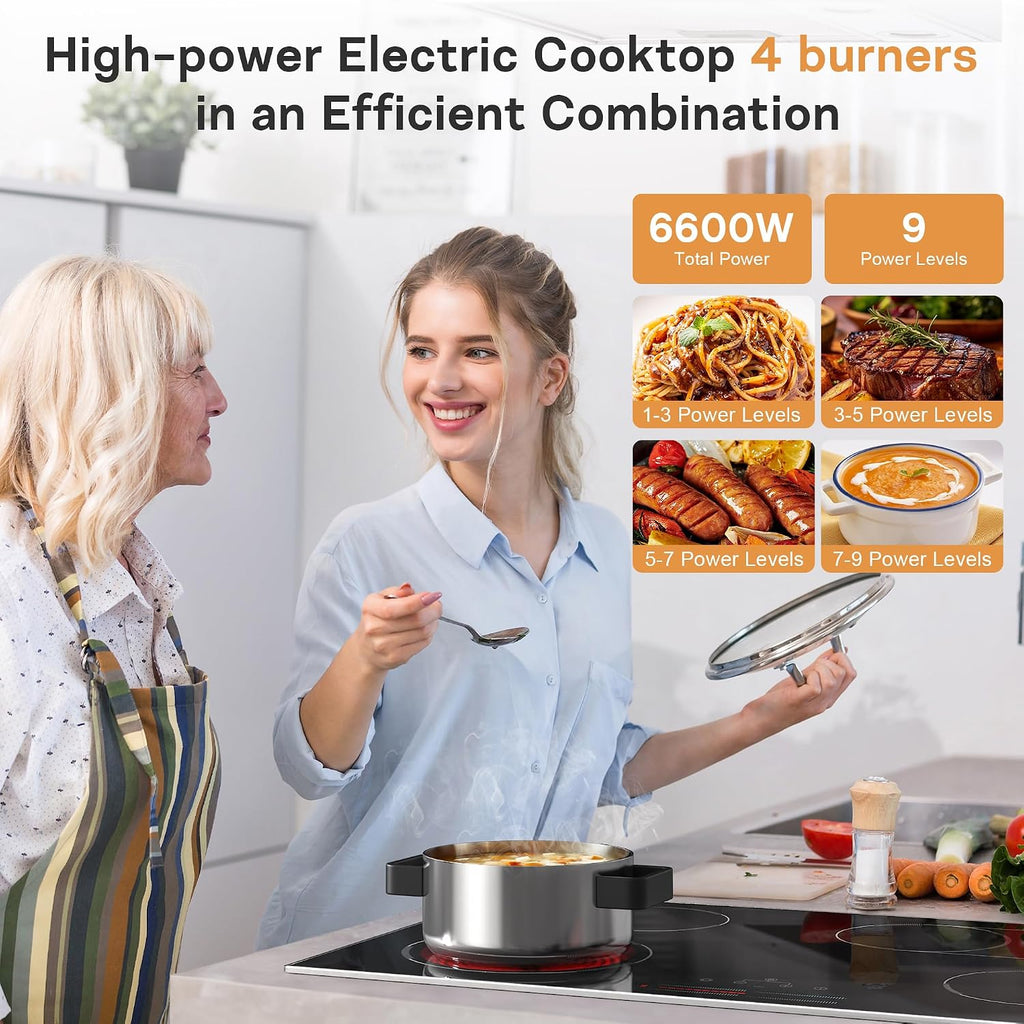 30 Inch Electric Cooktop, 4 Burner Electric Stove with Double Ring Burner & Extended Zone, 6600W Electrics Cooktop 220V-240V, 9 Power Levels, Slide Control, Safety Lock, Timer