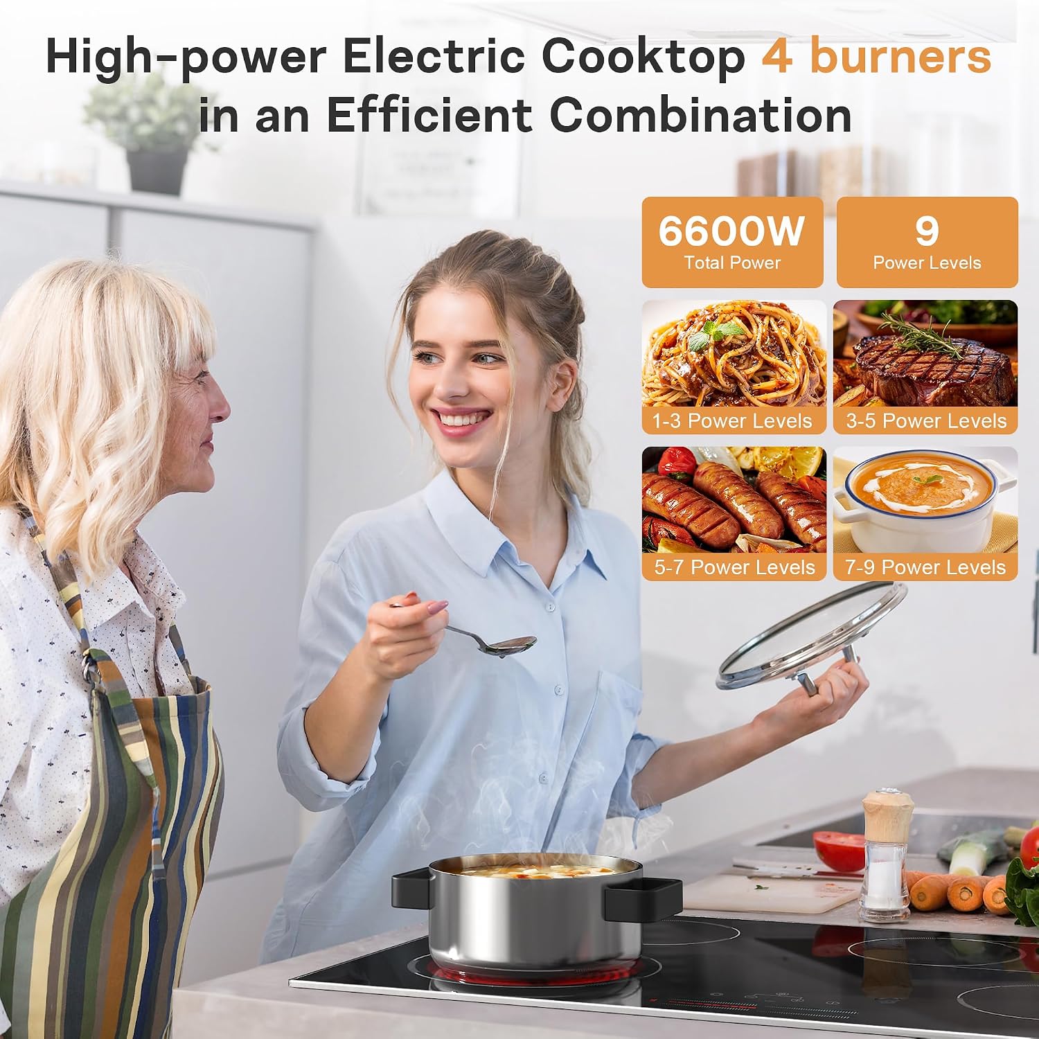 30 Inch Electric Cooktop, 4 Burner Electric Stove with Double Ring Burner & Extended Zone, 6600W Electrics Cooktop 220V-240V, 9 Power Levels, Slide Control, Safety Lock, Timer
