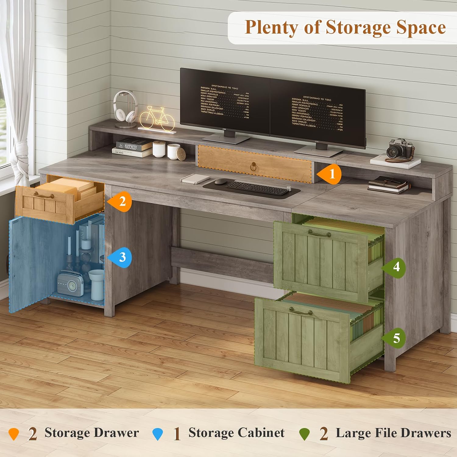 SEDETA Farmhouse 63' Executive Desk, Wood Computer Desk with Drawers and Storage Cabinet, Home Office Desk with File Drawer and Monitor Stand, Wood Desk for Work Study Writing, Grey