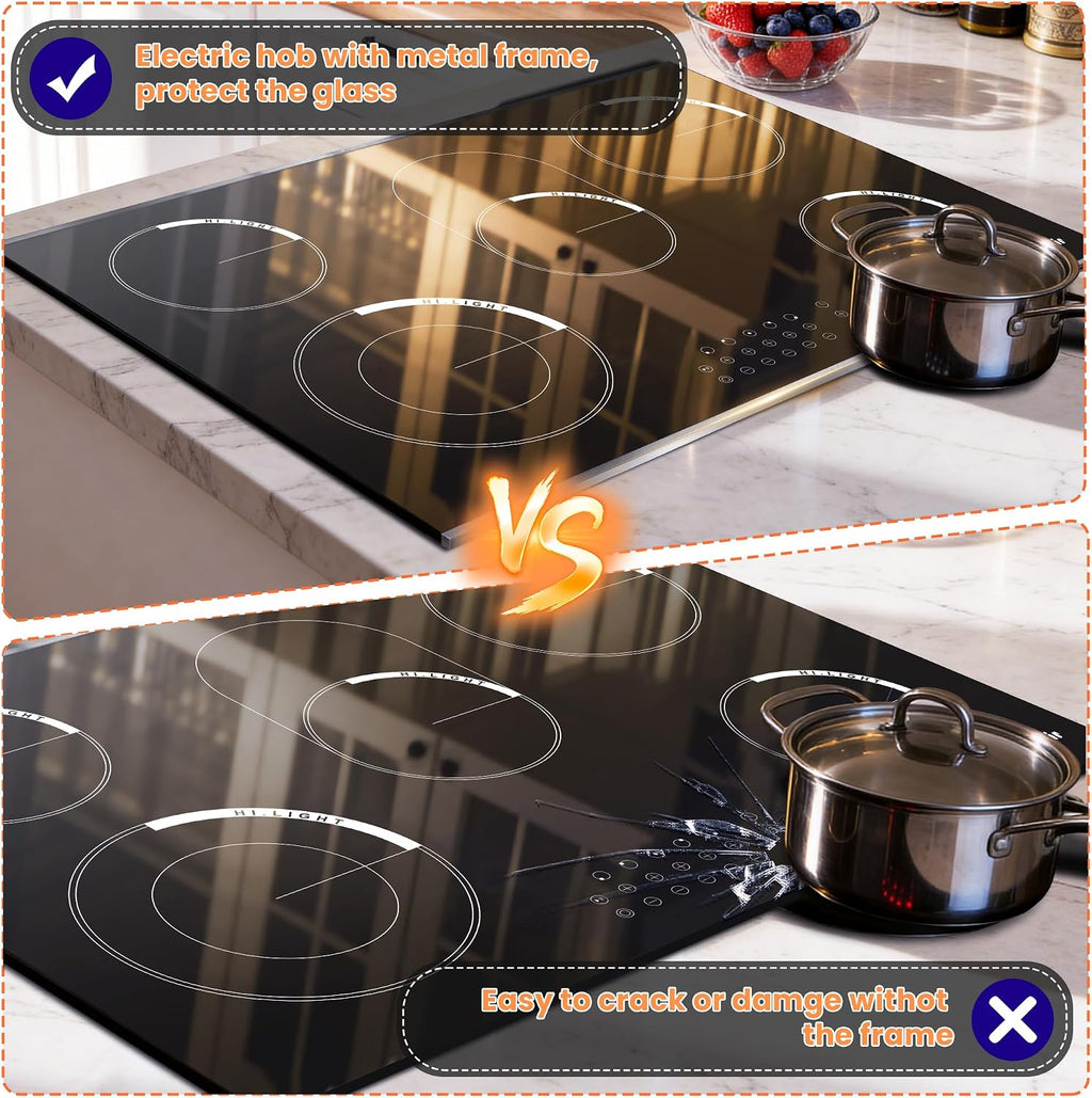 Electric Cooktop 30 Inch - 5 Burner Electric Stove Built-in(29.13'x19.3') 8400W High Power, 30 In Ceramic Stove Touch Control with Timer, Safety Lock, Glass Metal Frame, 220-240V Hard Wired