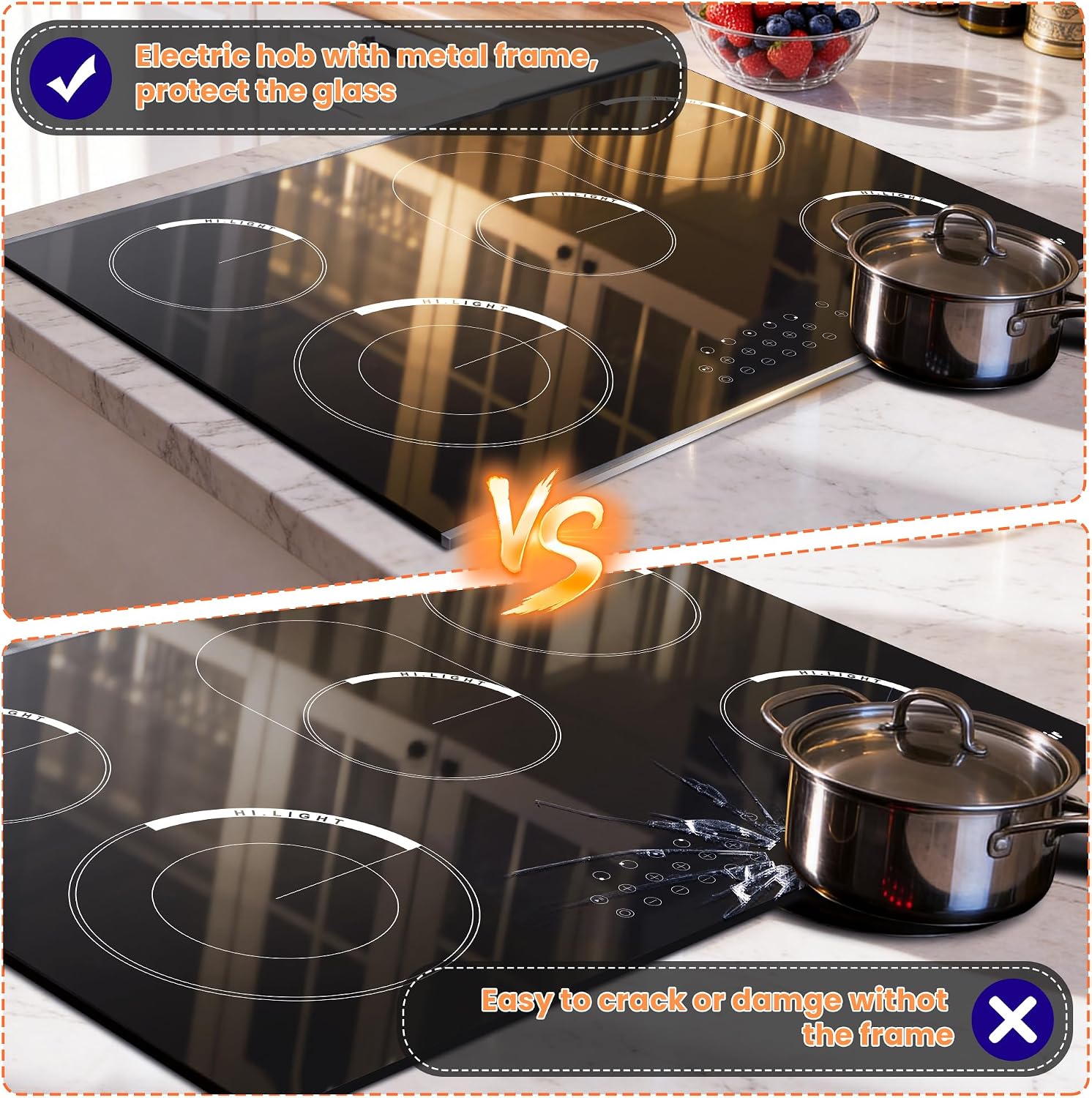 Electric Cooktop 30 Inch - 5 Burner Electric Stove Built-in(29.13'x19.3') 8400W High Power, 30 In Ceramic Stove Touch Control with Timer, Safety Lock, Glass Metal Frame, 220-240V Hard Wired