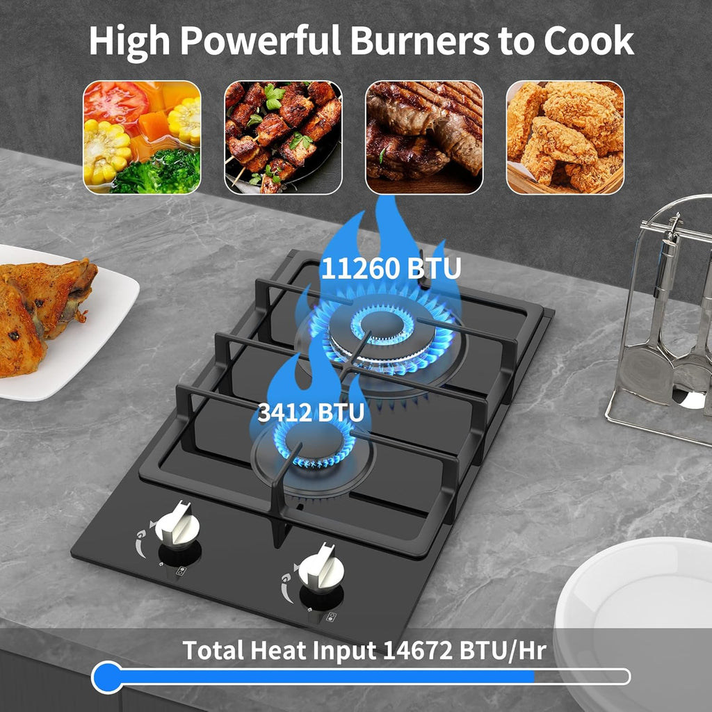 Gas Stove 2 Burner Propane Cooktop 12 inch, Nafewin Tempered Glass Portable Gas Cooktop Stove Burner with Thermocouple Protection, Lpg/Ng Dual Fuel Built-in Hob for Apartments, Outdoor, Rvs