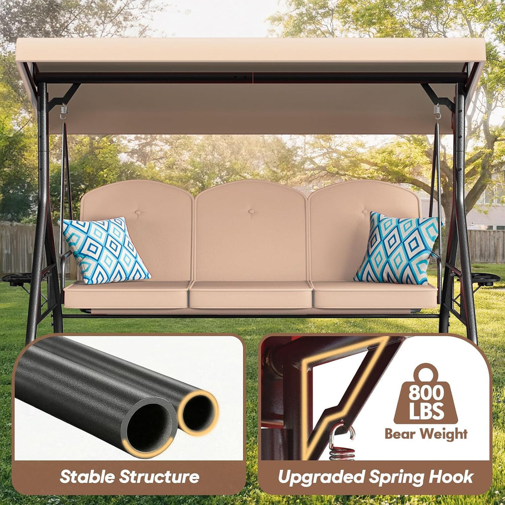 ZZW 3 Seat Outdoor Porch Patio Swing with Stand 800lbs 2-in-1 Convertible Swing Bed with Adjustable Canopy & Removable Cushion for Yard Garden Deck (Khaki, Round Tube)