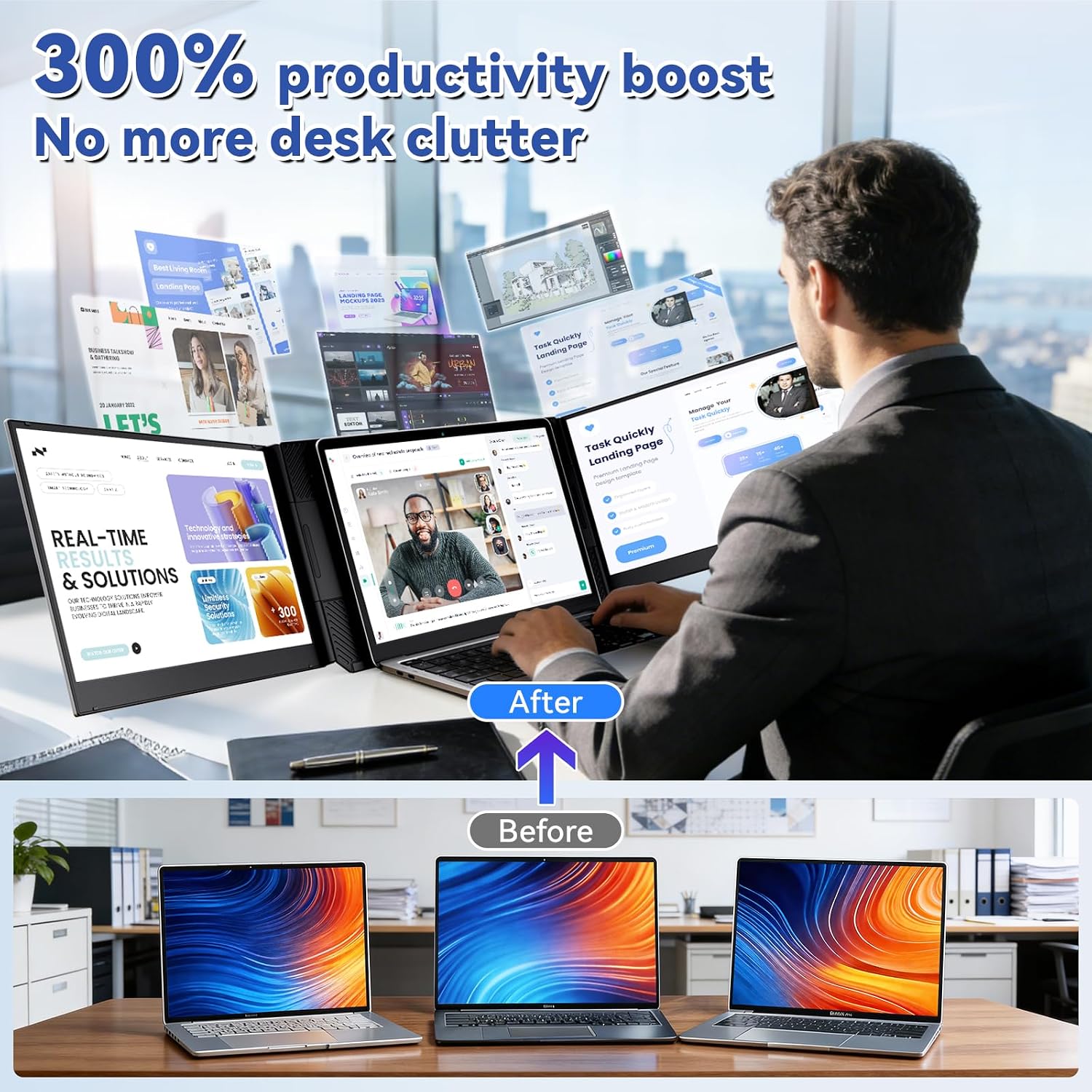 domyfan 15.6' Laptop Screen Extender, Triple Portable Monitor with Ultra-Thin FHD 1080P IPS Display for 13-17' Laptop, Plug & Play via HDMI/USB-A/Type-C, Compatible with Mac/Windows/Android
