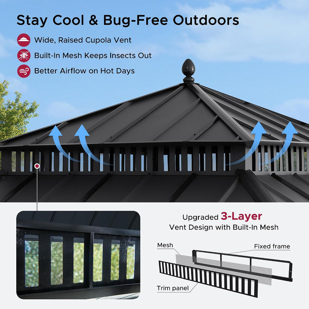 SUNJOY Kingston 12' x 12' Hardtop Wood Gazebo with Galvanized Steel Double Roof, Curtain and Netting, Cedar Posts Permanent Pavilion Gazebo for Garden, Patio, Deck, Lawn