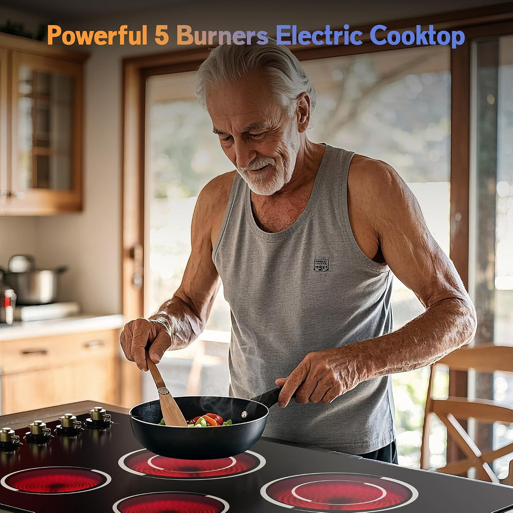 Electric Cooktop 36 Inch - Drop-in(34.25'x19.3') 5 Burner Electric Stove Top 8400W High Power, 36' Ceramic Cooktop Stove with Knob Touch, Dual Ring, Overheat Protection, 220-240V Hard Wired