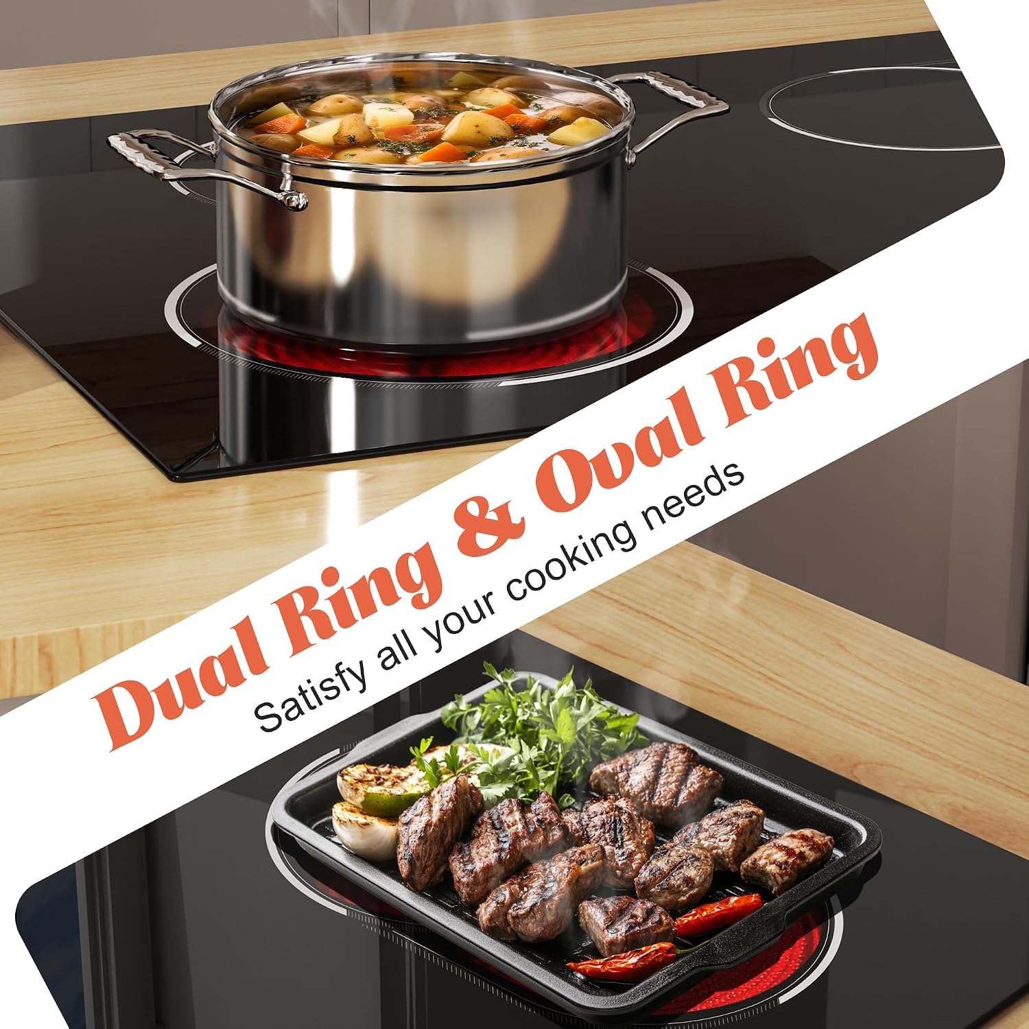 4 Burner Electric Cooktop, Built-in 30 Inch Electric Stove Top 6600W, Ceramic Stove Top with Expanded Zone, Touch Control, Child Lock, Timer, Pause Control, 220V - 240V Hard Wire, No Plug
