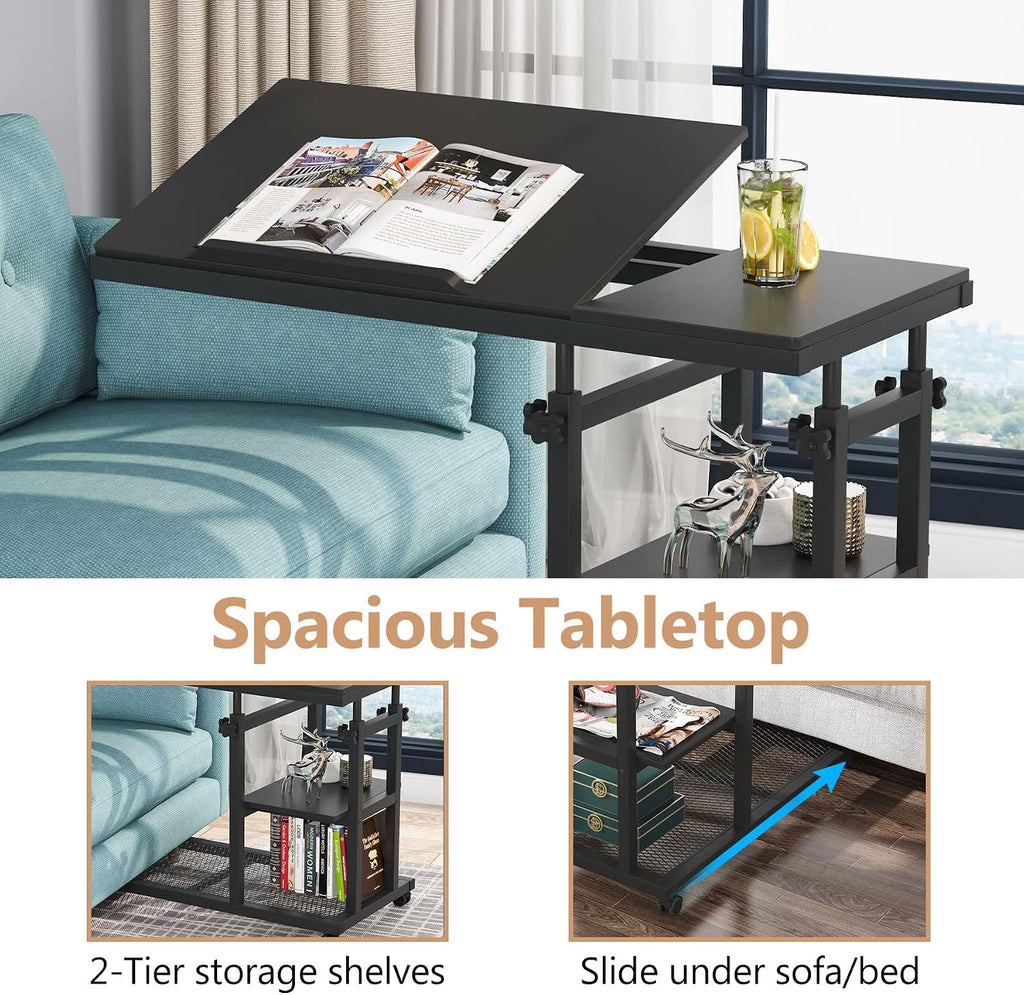 Tribesigns Height Adjustable C Table with Wheels, Mobile Couch Snack Side Table with Tiltable Drawing Board, Sofa Bedside Laptop Stand C Shaped TV Tray with Storage Shelves (Black)