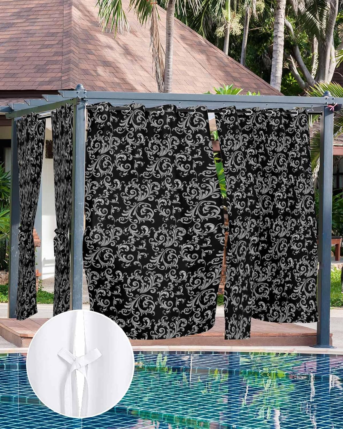 Outdoor Curtain for Patio Waterproof, Winter Christmas Retro Floral Pattern Black Outside Curtains with Grommet Top Curtain Panels Drapes for Pergola, Gazebo, Balcony 54' W x 108' L 2 Pcs