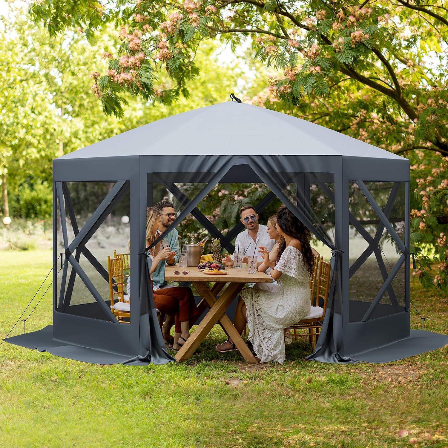 Hipicute Pop Up Gazebo,10 X 10 Ft Portable Outdoor Camping Pop Up Canopy Screen Tent with Mosquito Netting Gazebo,Waterproof 6 Sidewalls,Ground Stakes,Carry Bag for Lawn, Garden, Backyard (Gray)